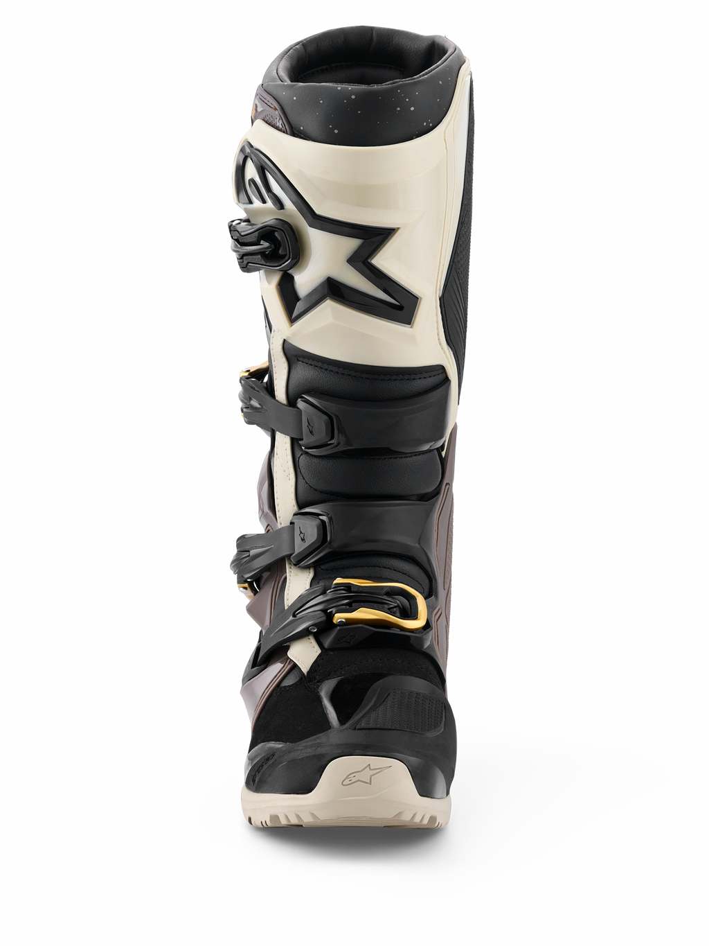Alpinestars 2026 Tech 7 Enduro Drystar® stövlar, svarta, mörkgrå och guld, vattentäta motorcykelstövlar för terrängkörning, vy framifrån med spännsystem och gulddetaljer, TPU-skenbensskydd och stjärnlogotyp