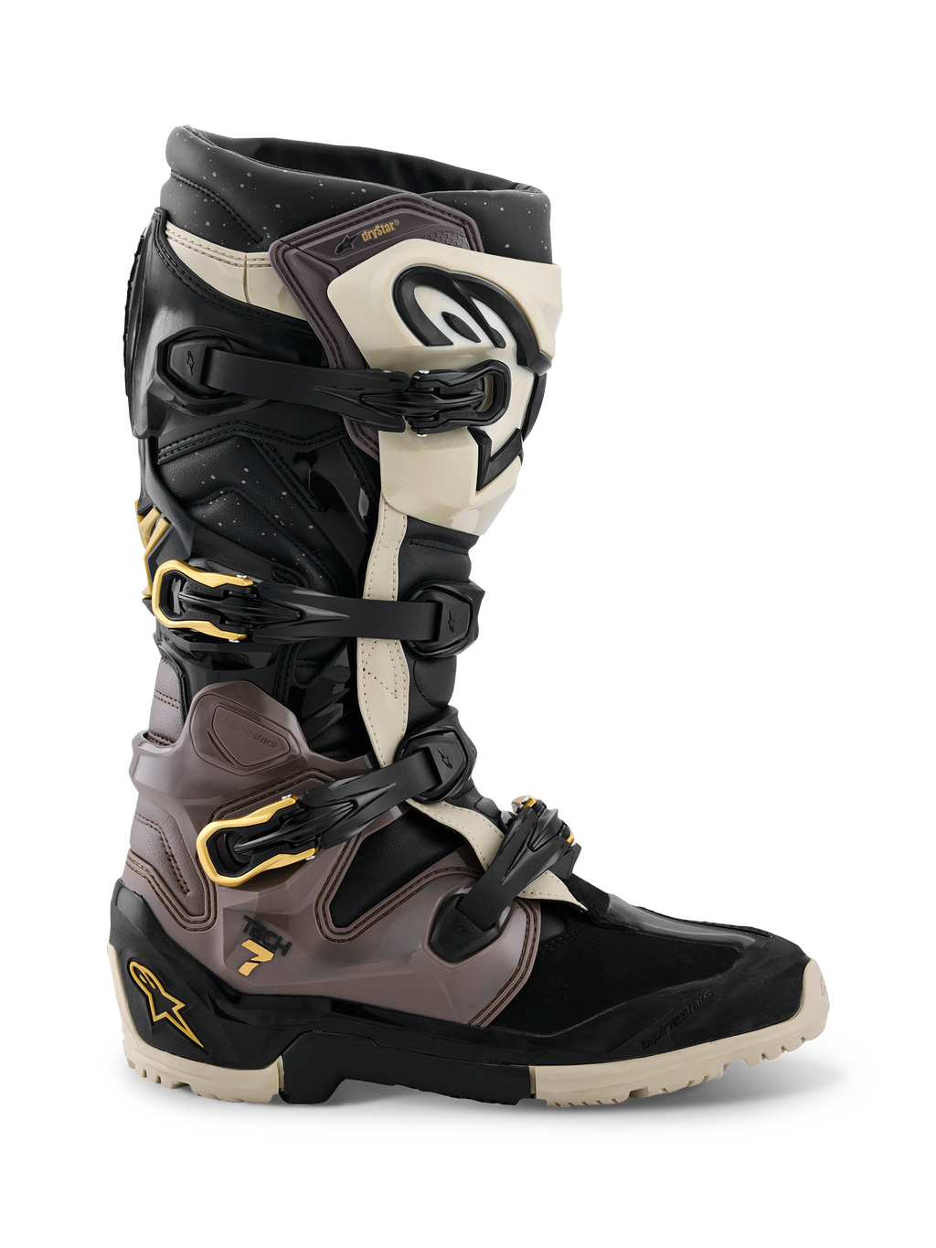 Alpinestars 2026 Tech 7 Enduro Drystar® stövlar, motocross- och endurostövlar, svarta, mörkgrå och guld, med ett flerspännesystem med gulddetaljer, robust dubbelkomponentsula och hållbara TPU-skyddspaneler, professionella stövlar för terrängkörning