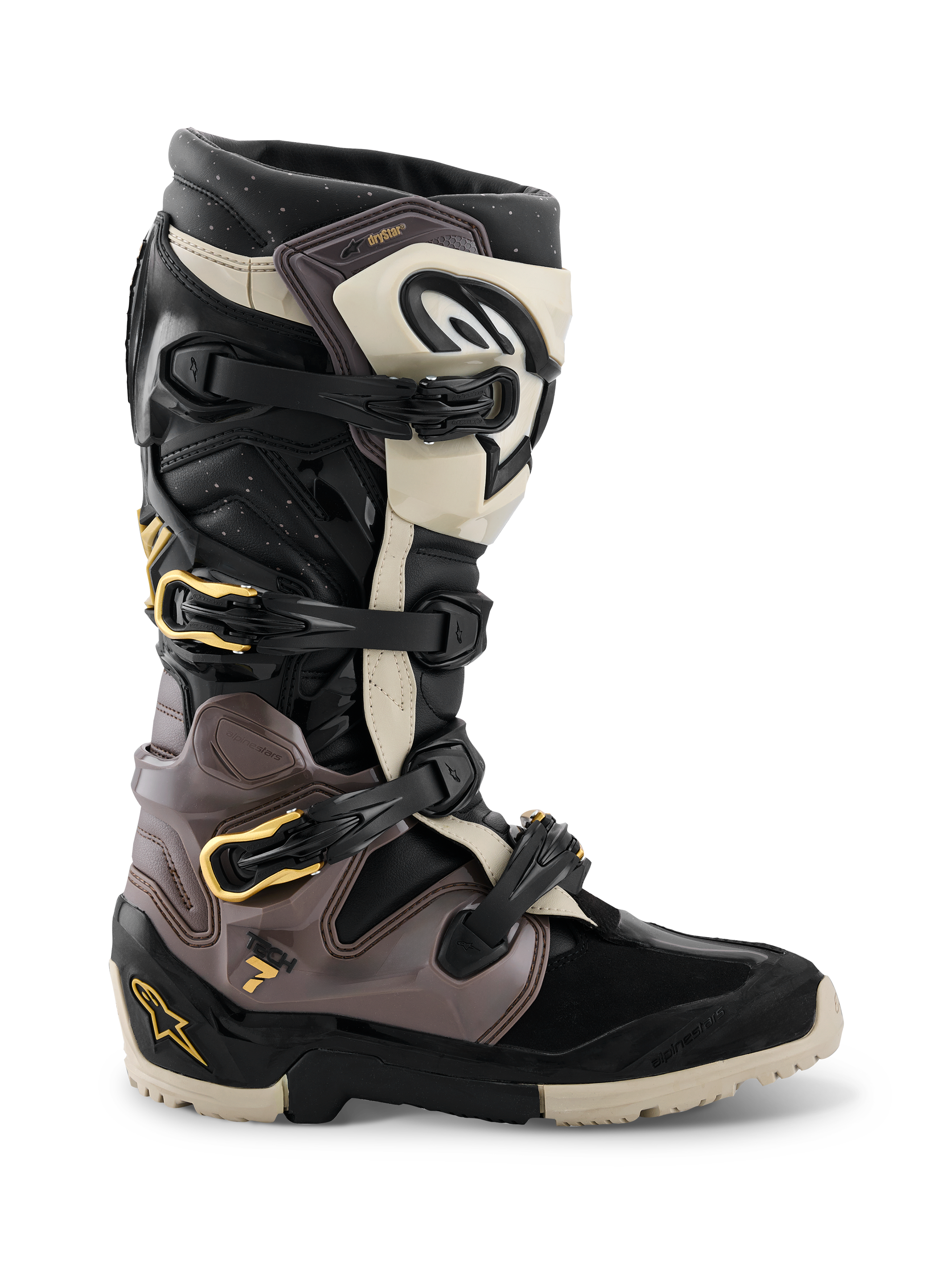 Alpinestars 2026 Tech 7 Enduro Drystar® stövlar, motocross- och endurostövlar, svarta, mörkgrå och guld, med ett flerspännesystem med gulddetaljer, robust dubbelkomponentsula och hållbara TPU-skyddspaneler, professionella stövlar för terrängkörning