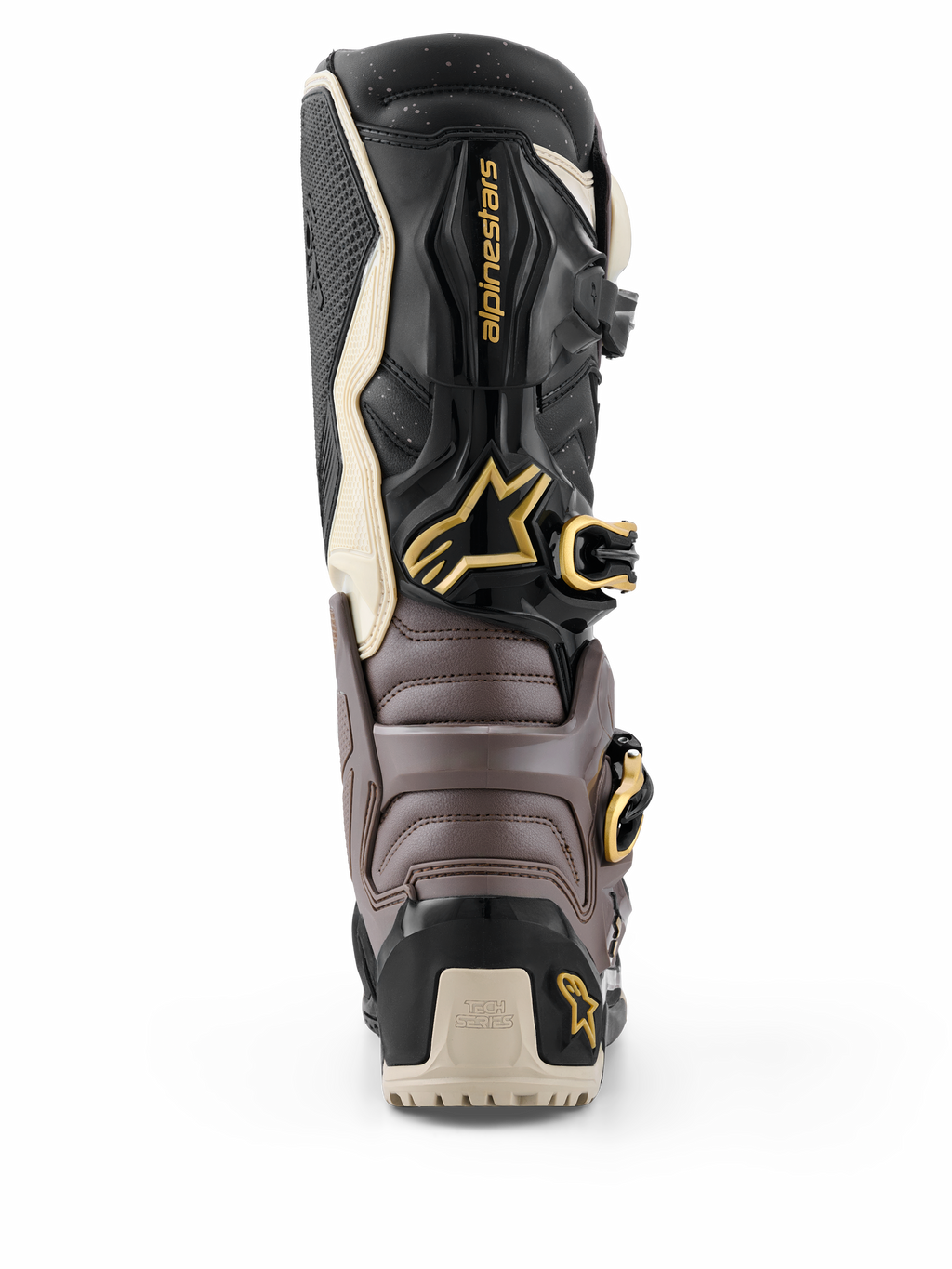 Alpinestars 2026 Tech 7 Enduro Drystar® stövlar, svart, mörkgrå och guld, vy bakifrån som visar skyddande TPU-skal, guldspännen och Alpinestars logotyp, högpresterande endurostövlar