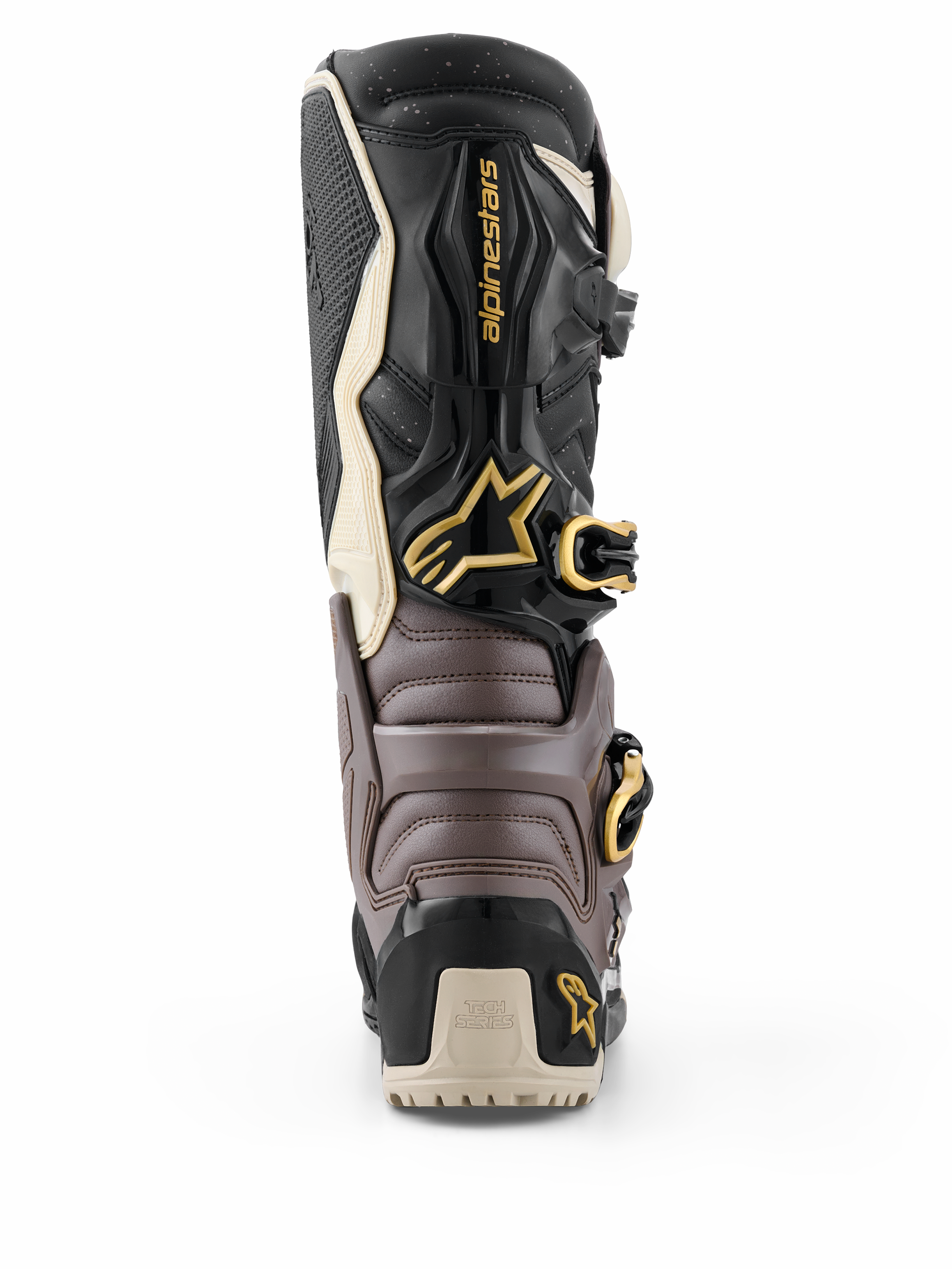 Alpinestars 2026 Tech 7 Enduro Drystar® stövlar, svart, mörkgrå och guld, vy bakifrån som visar skyddande TPU-skal, guldspännen och Alpinestars logotyp, högpresterande endurostövlar
