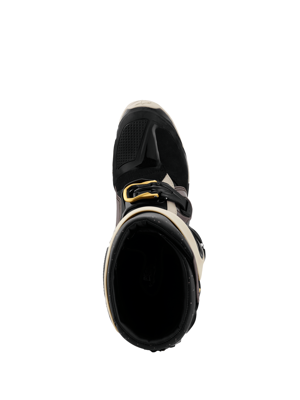Alpinestars 2026 Tech 7 Enduro Drystar® stövlar, svart, mörkgrå och guld, vy uppifrån in i stövelöppningen, med guldfärgat spänne, innerfoder och skyddande TPU-tåbox.