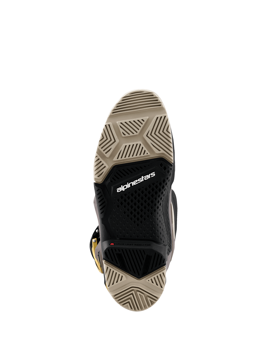 Alpinestars 2026 Tech 7 Enduro Drystar® stövlar, vy underifrån som visar dubbelkomponentsulan, beige och svarta specialiserade sulmönster för maximalt grepp, med vit Alpinestars-logotyp och röd slitageindikator.