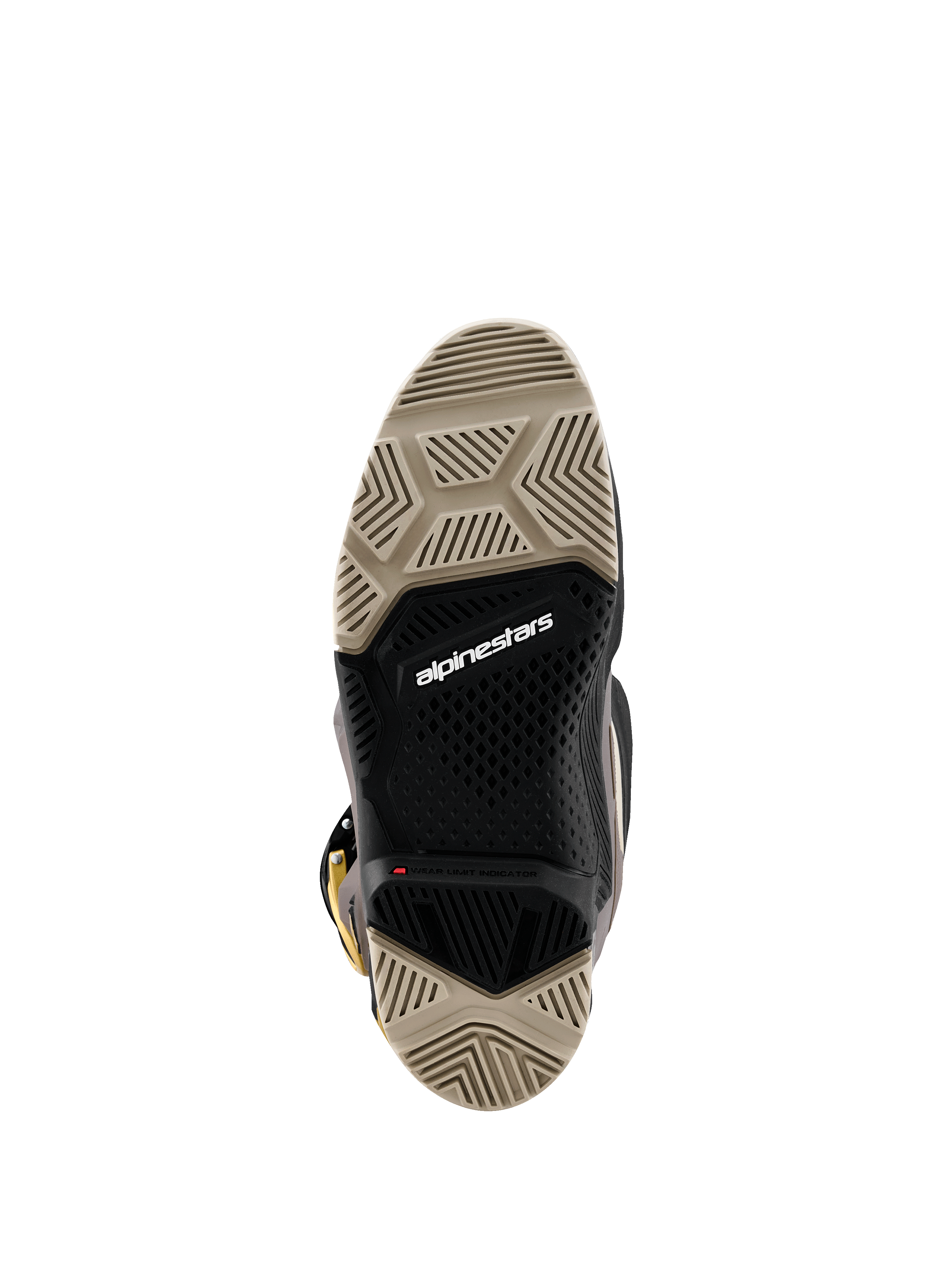 Alpinestars 2026 Tech 7 Enduro Drystar® stövlar, vy underifrån som visar dubbelkomponentsulan, beige och svarta specialiserade sulmönster för maximalt grepp, med vit Alpinestars-logotyp och röd slitageindikator.