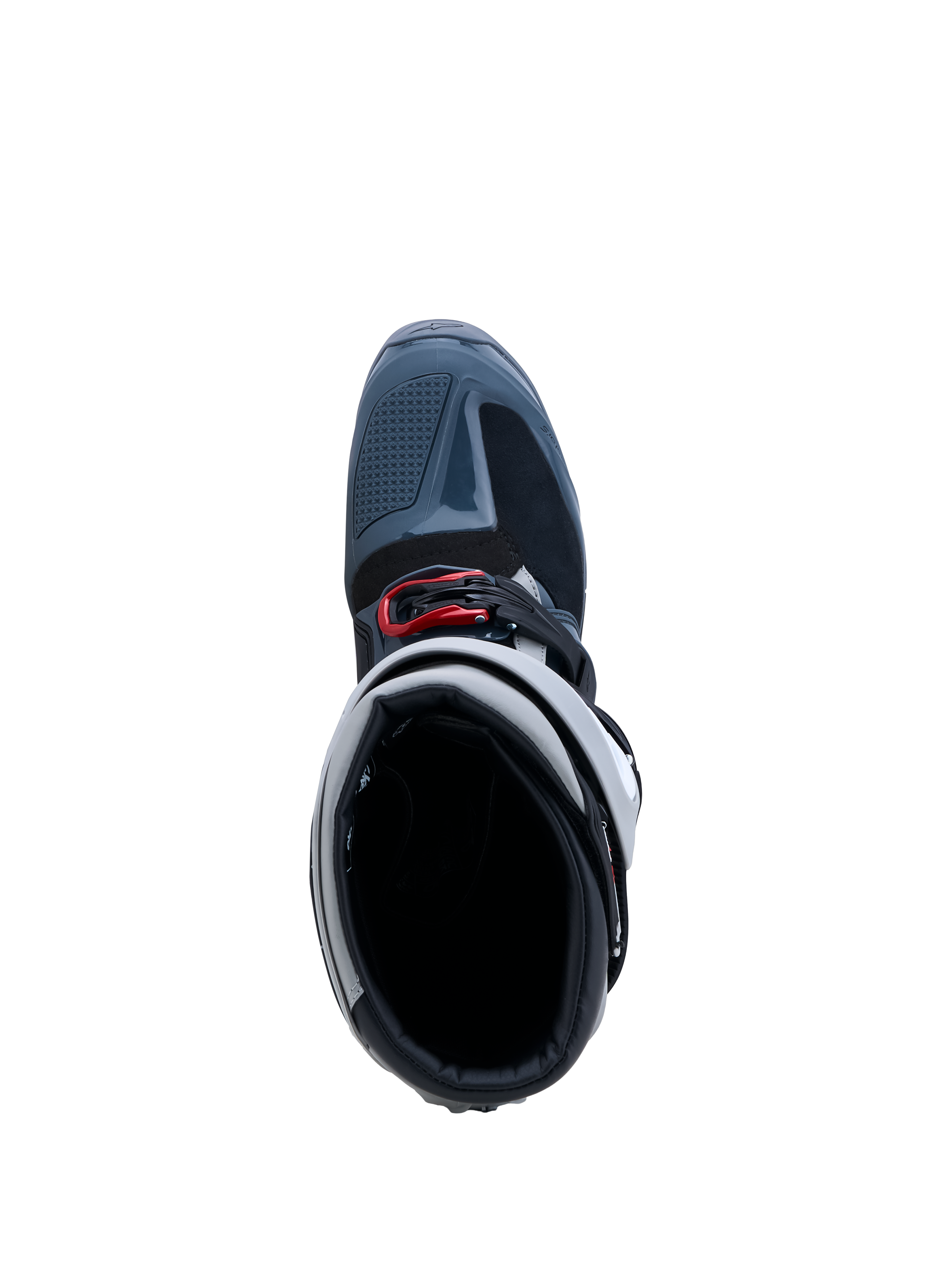 Alpinestars Tech 7 Enduro 2027 stövlar Drystar®, vattentäta motorcykelstövlar för off-road, gråa och röda, vy ovanifrån som visar spännsystem och tåbox.