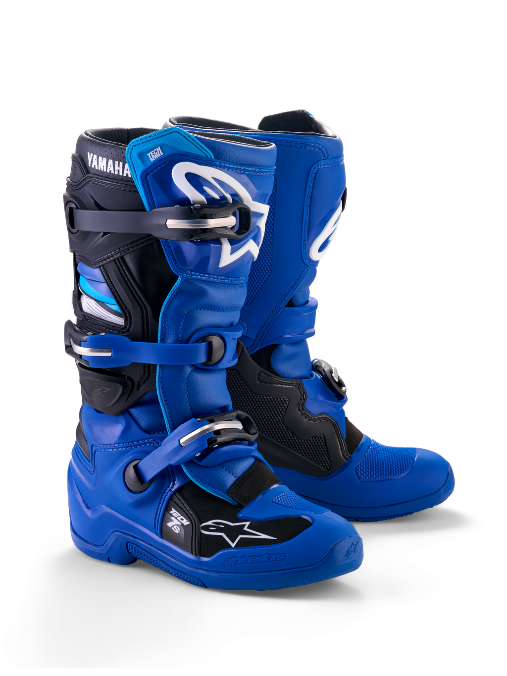 Alpinestars Yamaha Youth Tech 7S Boots, Motocross Boots, Blue Black and White, featuring a multi-buckle closure system, TPU protective shell, and white Alpinestars logos with Yamaha branding on the cuff