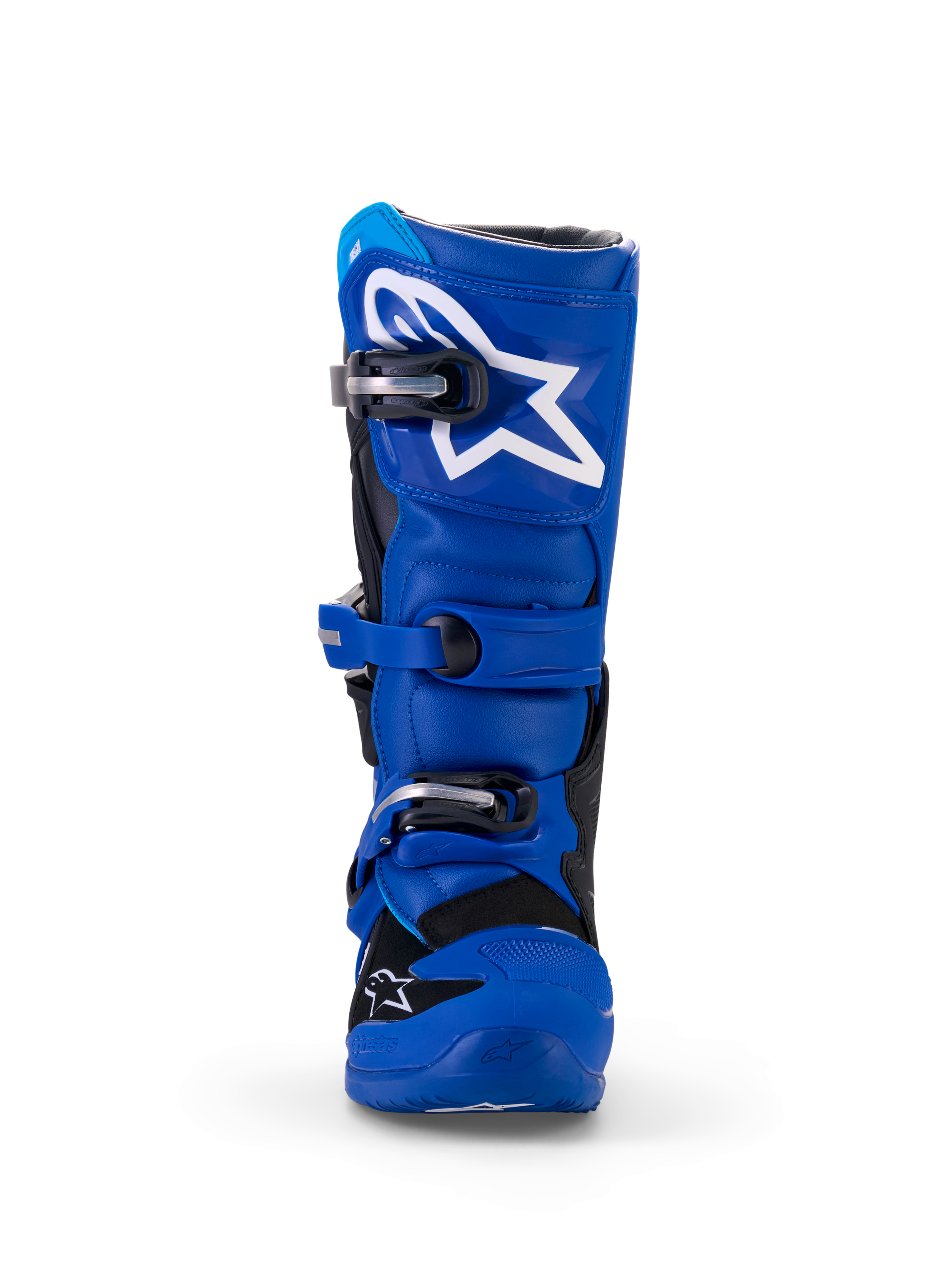 Alpinestars Yamaha Youth Tech 7S Boots, Motocross Boots, Blue Black and White, front view showing TPU shin plate with white star logo, adjustable buckle closure system, and durable off-road protective construction.