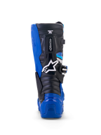 Alpinestars Yamaha Youth Tech 7S Boots, Motocross Boots, Blue Black and White, rear view highlighting TPU heel and calf protection, white star logo, and durable pivot system design