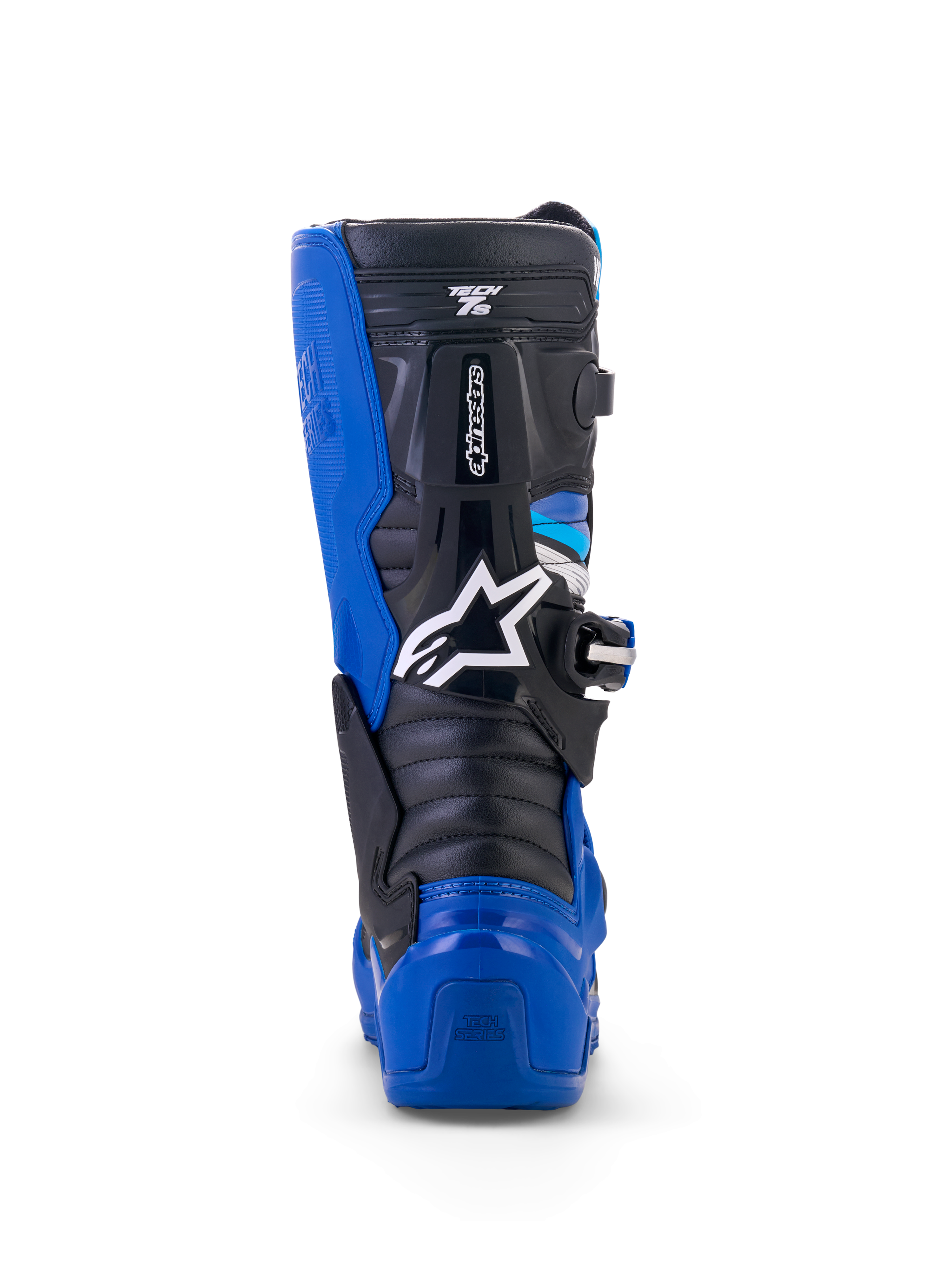 Alpinestars Yamaha Youth Tech 7S Boots, Motocross Boots, Blue Black and White, rear view highlighting TPU heel and calf protection, white star logo, and durable pivot system design