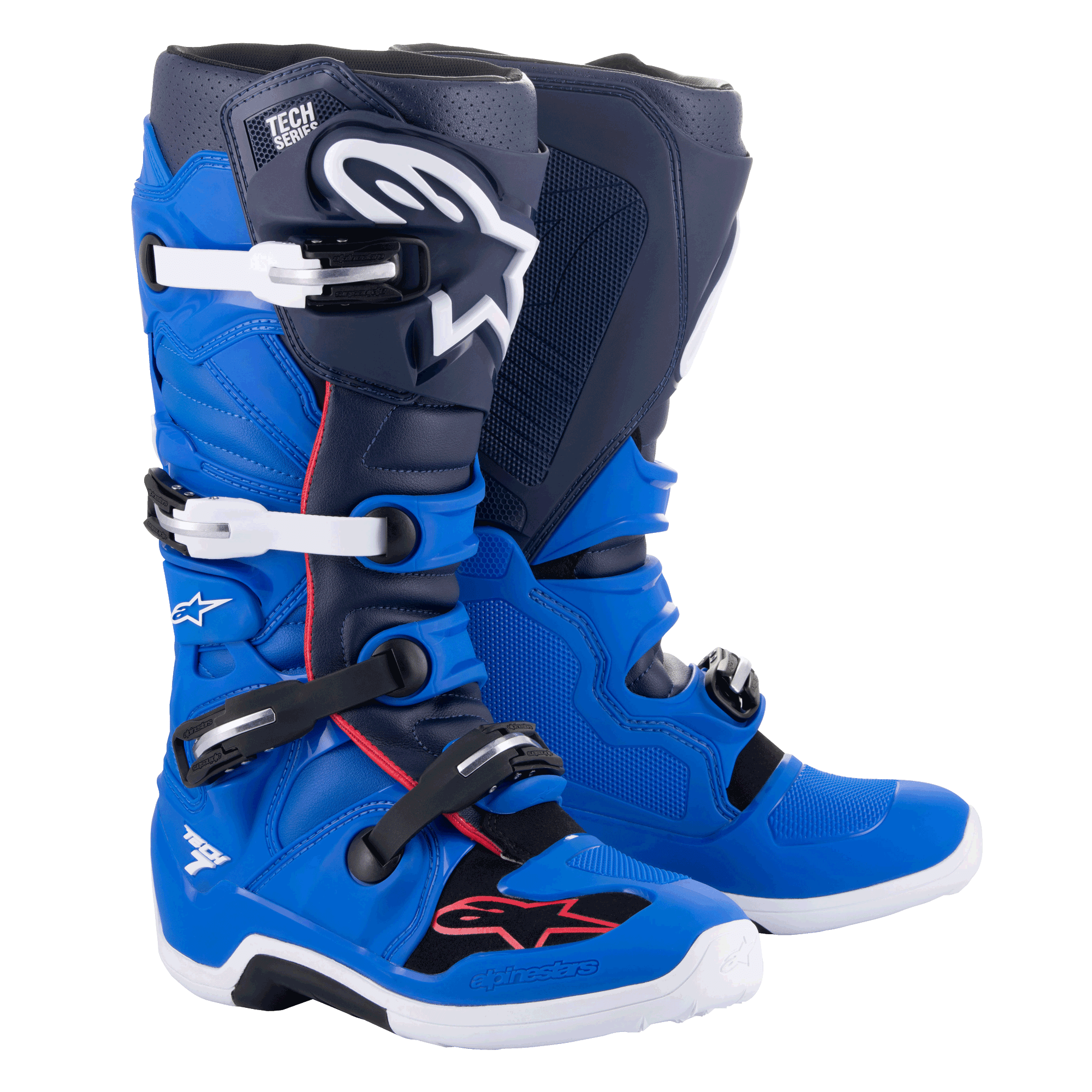 Alpinestars Tech 7-stövlar, motocross-stövlar, Alpine Blue, Night Navy och Bright Red, med vita och svarta aluminiumspännen, stor vit stjärnlogotyp på smalbenet och slitstarka vita sulor, skyddsutrustning för terrängkörning