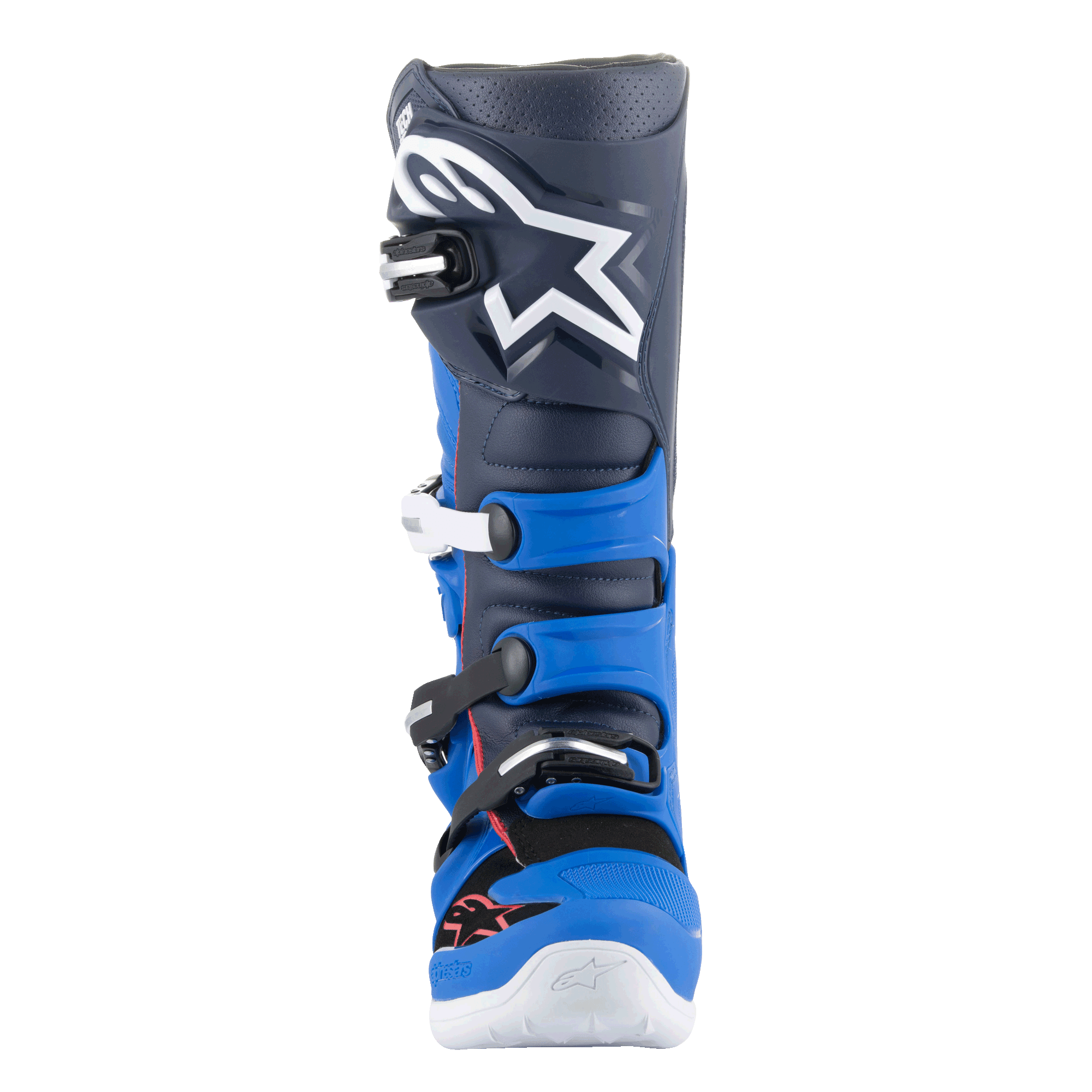 Alpinestars Tech 7-stövlar, motocross-stövlar, Alpine Blue, Night Navy och Bright Red, vy framifrån med en mörkblå ovandel med en stor vit Astars-logotyp, klarblå TPU-skyddspaneler och ett spännsystem, högpresterande skor för terrängkörning