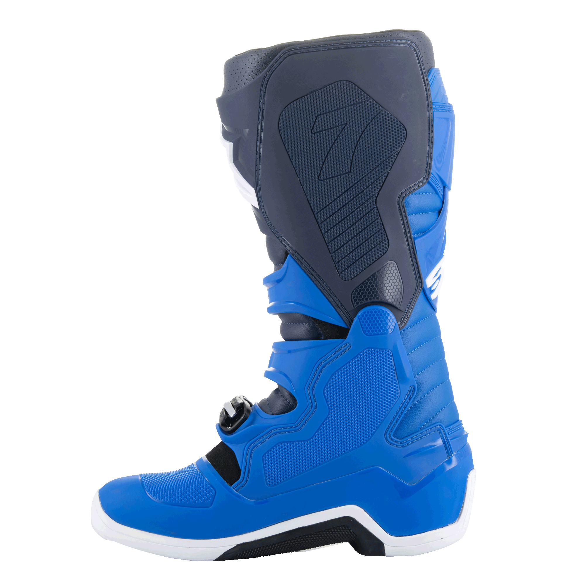 Alpinestars Tech 7-stövlar, motocross-stövlar, Alpine Blue, Night Navy och Bright Red, medial sidovy som visar skyddande TPU-paneler och förstärkt konstruktion för terrängkörning