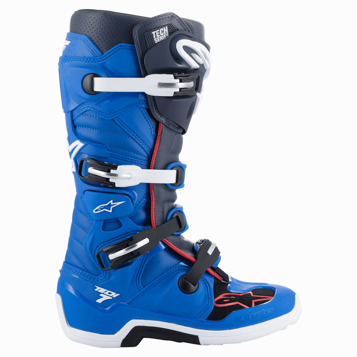Alpinestars Tech 7 Boots, Motocross Boots, Alpine Blue, Night Navy and Bright Red, High-top design featuring a four-buckle closure system, white and black buckles, white sole with black midsection, red accent piping and Alpinestars branding, professional off-road racing protection.