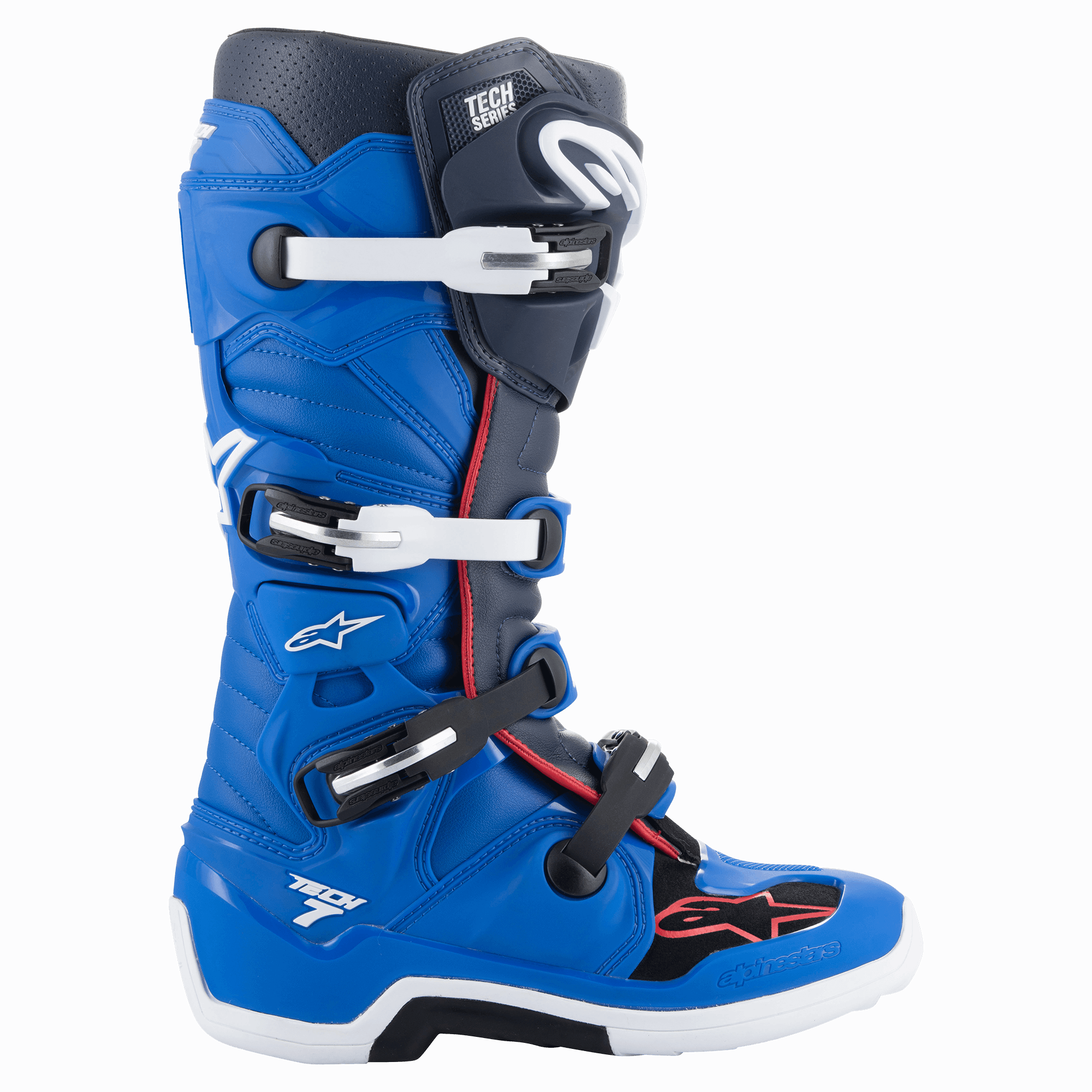 Alpinestars Tech 7 stövlar, motocross-stövlar, Alpine Blue, Night Navy och Bright Red, hög design med fyrspännessystem, vita och svarta spännen, vit sula med svart mittsektion, röda accentdetaljer och Alpinestars-logotyper, professionellt skydd för terrängkörning