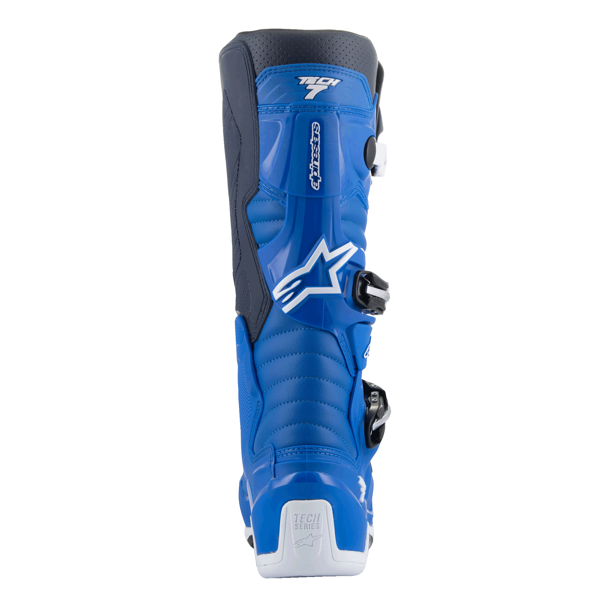 Alpinestars Tech 7-stövlar, motocrossstövlar, Alpine Blue och Night Navy med vita detaljer, baksida som visar det konturerade vadskyddet, vit hälförstärkning med Tech Series-logotyp och detaljer av spännsystemet på sidan.