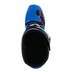 Alpinestars Tech 7-stövlar, motocross-stövlar, Alpine Blue Night Navy och Bright Red, vy uppifrån som visar stövelns insida, med en blå tåbox med röd stjärnlogotyp och svart foder, professionella skor för terrängkörning