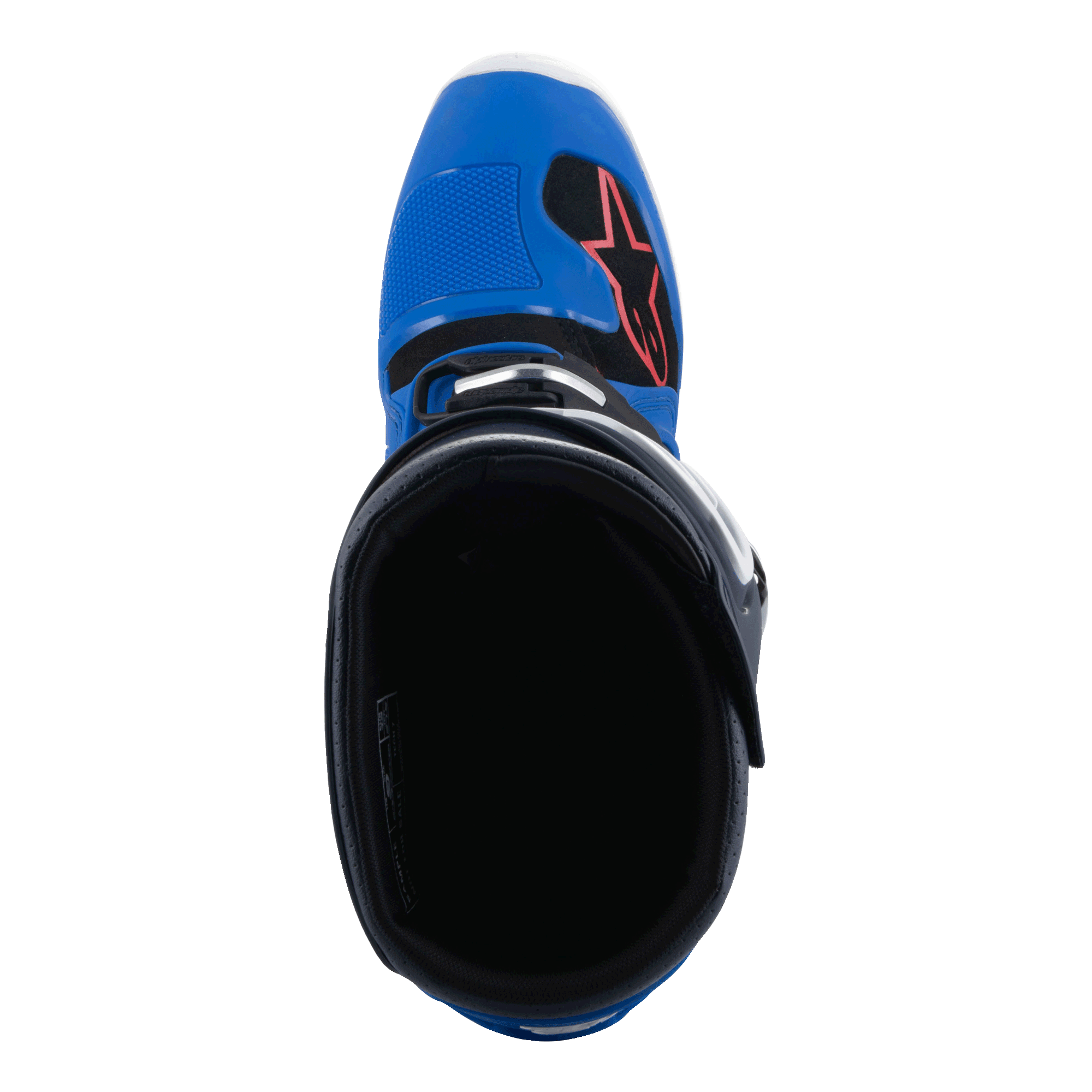 Alpinestars Tech 7-stövlar, motocross-stövlar, Alpine Blue Night Navy och Bright Red, vy uppifrån som visar stövelns insida, med en blå tåbox med röd stjärnlogotyp och svart foder, professionella skor för terrängkörning