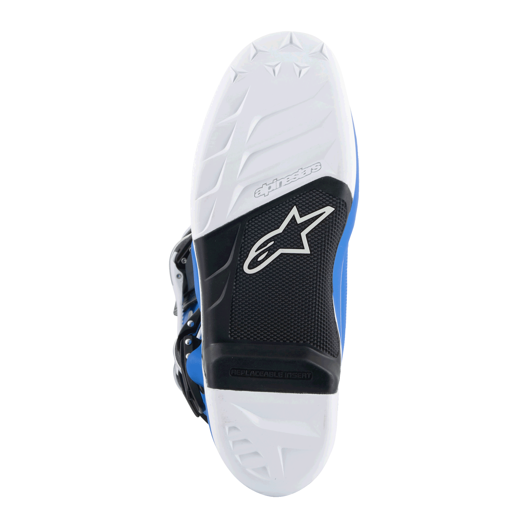 Alpinestars Tech 7 stövlar, motocrossstövlar, alpinblå och vita, vy underifrån av sulan med vitt greppmönster, svart hålfot med utbytbar fotpinnsinsats och Alpinestars logotyp, hållbart material för terrängkörning