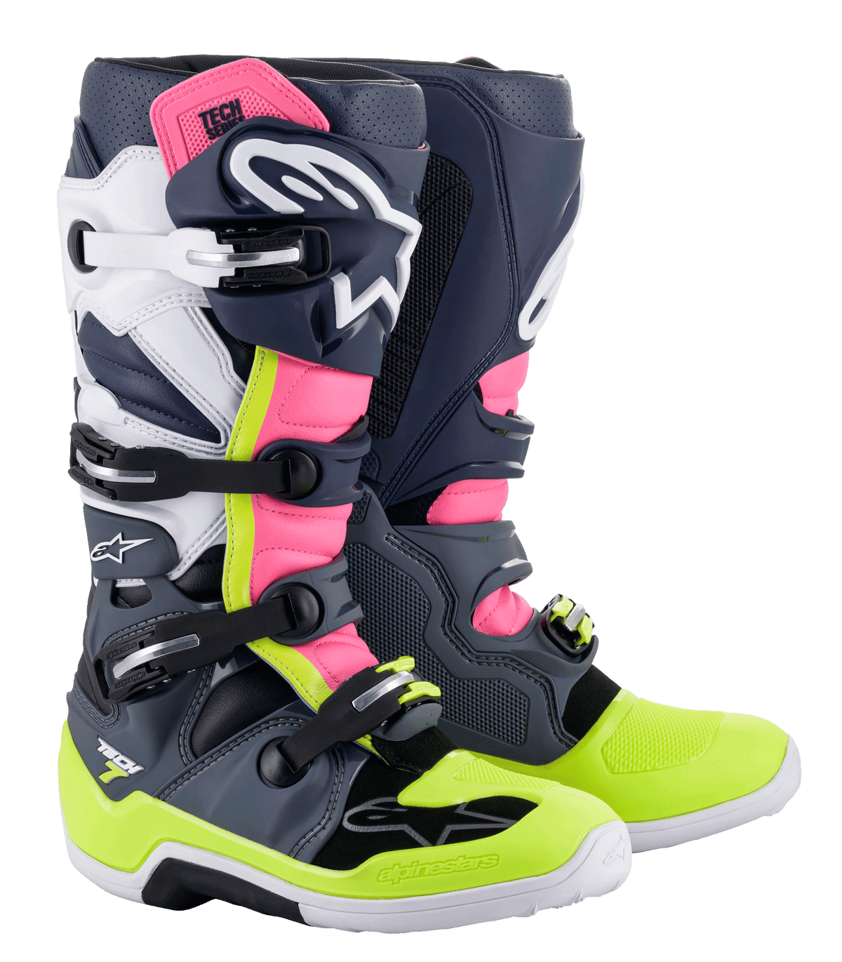 Alpinestars Tech 7 stövlar, motocross-stövlar, mörkgrå, mörkblå, rosa fluo och neongul, med ett stängningssystem med flera spännen, TPU-skyddspaneler och Alpinestars-logotyp för terrängkörning