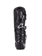 Alpinestars Tech 7-stövlar, motocross-stövlar, svarta, vy bakifrån med TPU-skydd, spännsystem och karakteristisk logotyp
