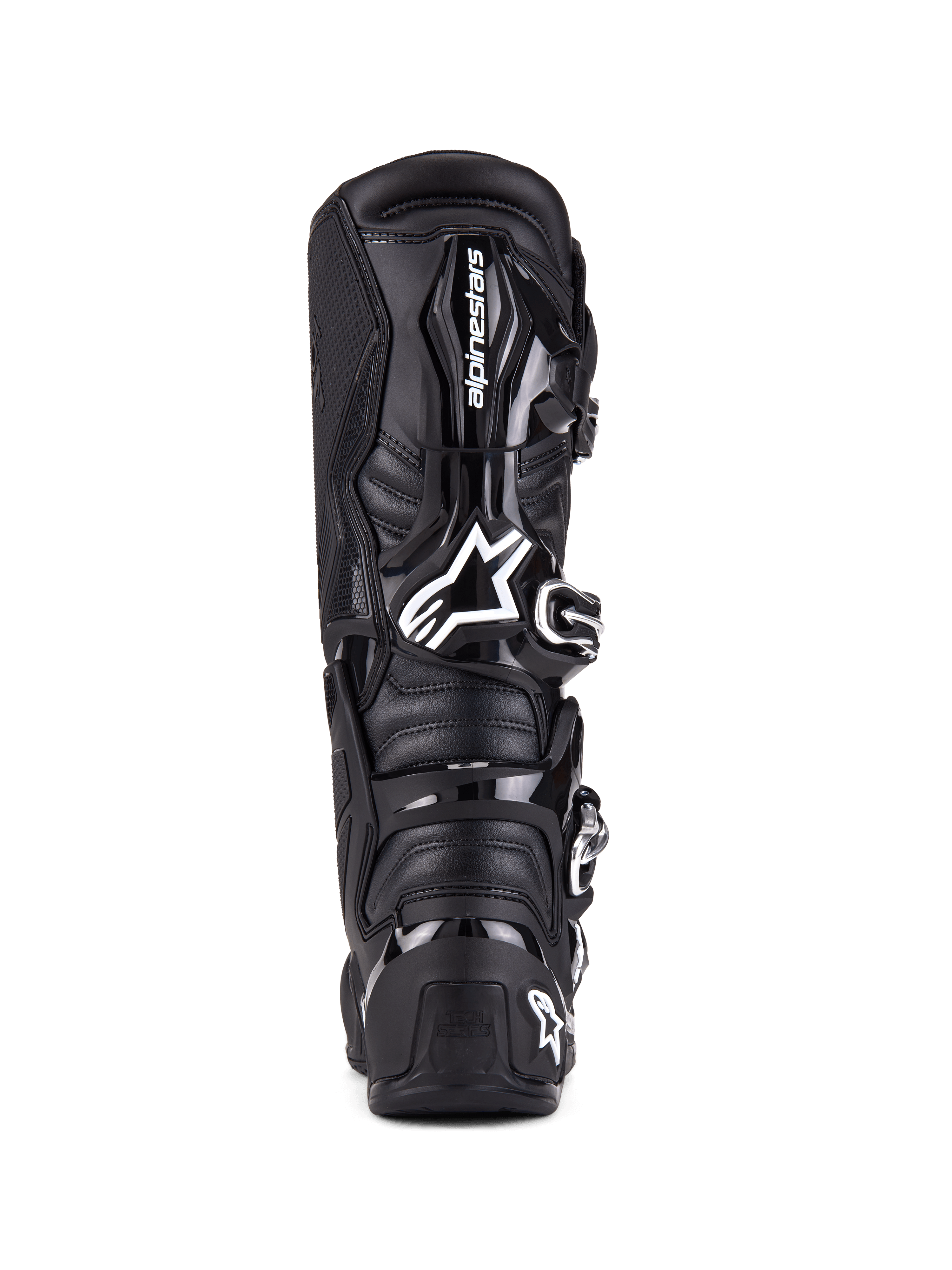Alpinestars Tech 7-stövlar, motocross-stövlar, svarta, vy bakifrån med TPU-skydd, spännsystem och karakteristisk logotyp