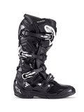 Alpinestars Tech 7-stövlar, motocross- och terrängstövlar, svarta med silverspännen och vita detaljer, sidoprofil med fyra snabbspännen i aluminium, slitstarkt TPU-skal och texturerade paneler för terrängskydd