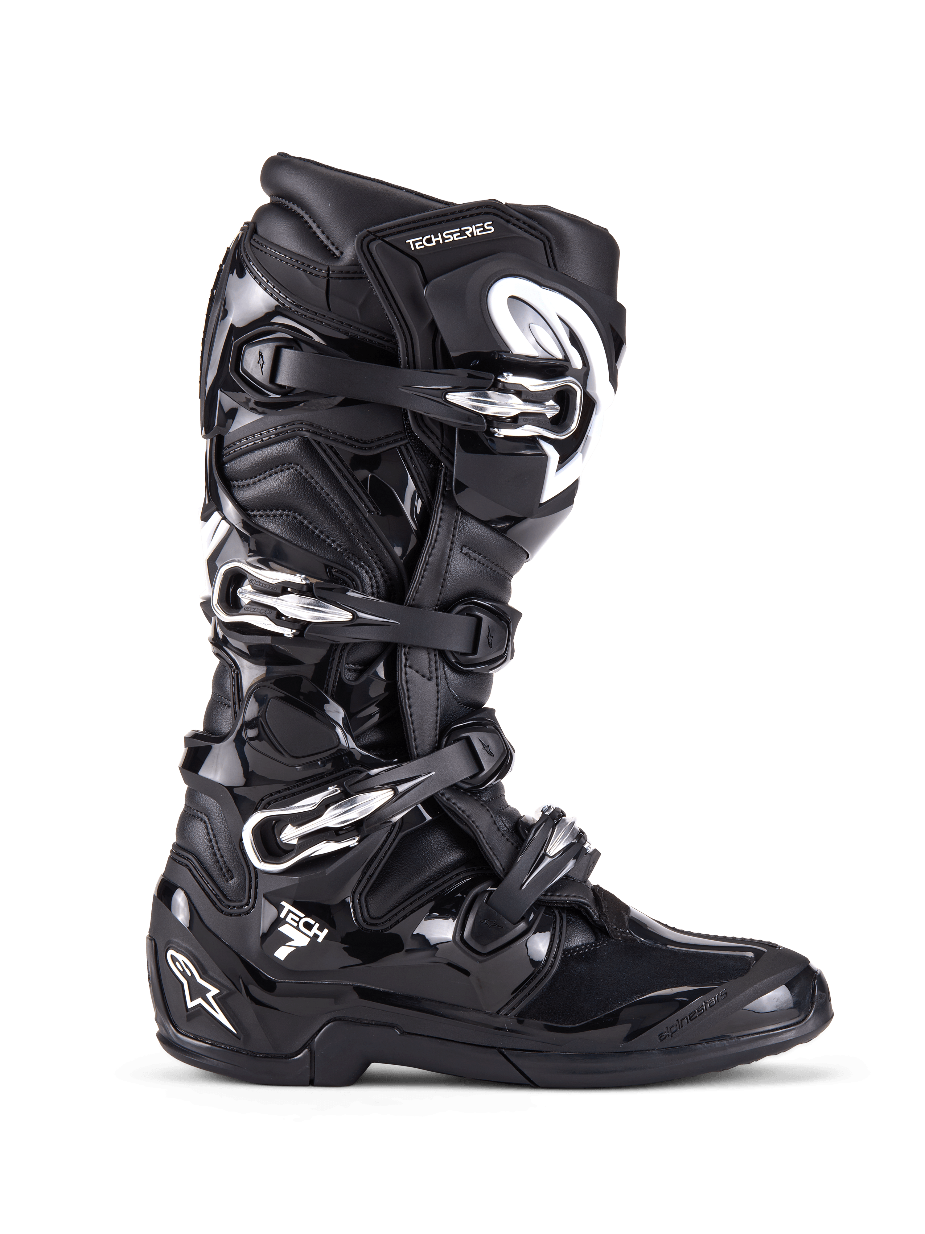 Alpinestars Tech 7-stövlar, motocross- och terrängstövlar, svarta med silverspännen och vita detaljer, sidoprofil med fyra snabbspännen i aluminium, slitstarkt TPU-skal och texturerade paneler för terrängskydd