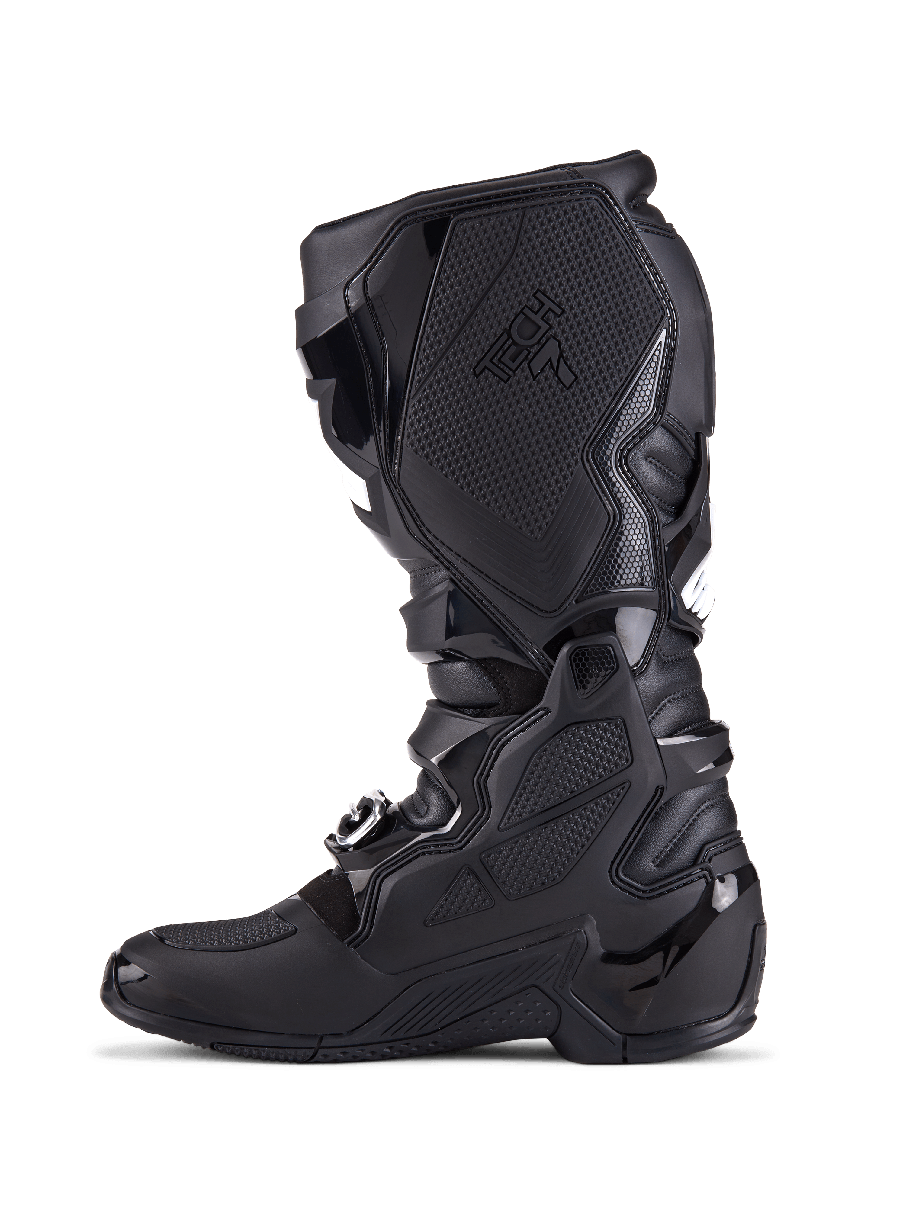 Alpinestars Tech 7-stövlar, motocross-stövlar, helsvarta, sidoprofil som visar TPU-skyddsplattor, spännesystem och texturerade greppaneler, professionella skor för terrängkörning