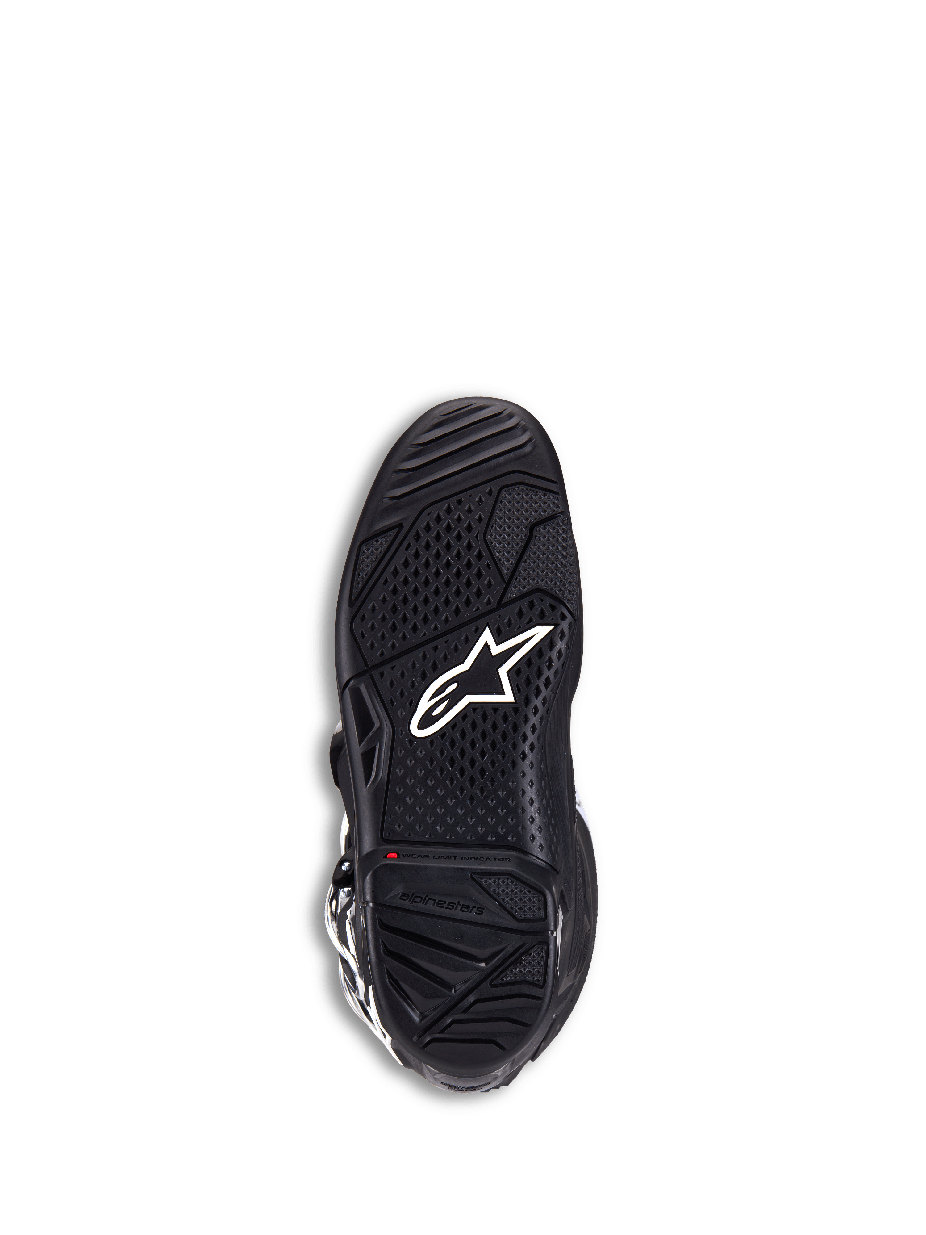 Alpinestars Tech 7-stövlar, motocross-stövlar, svarta, vy av sulan med vit stjärnlogotyp, texturerat dual-compound-gummi för maximalt grepp, röd slitageindikator