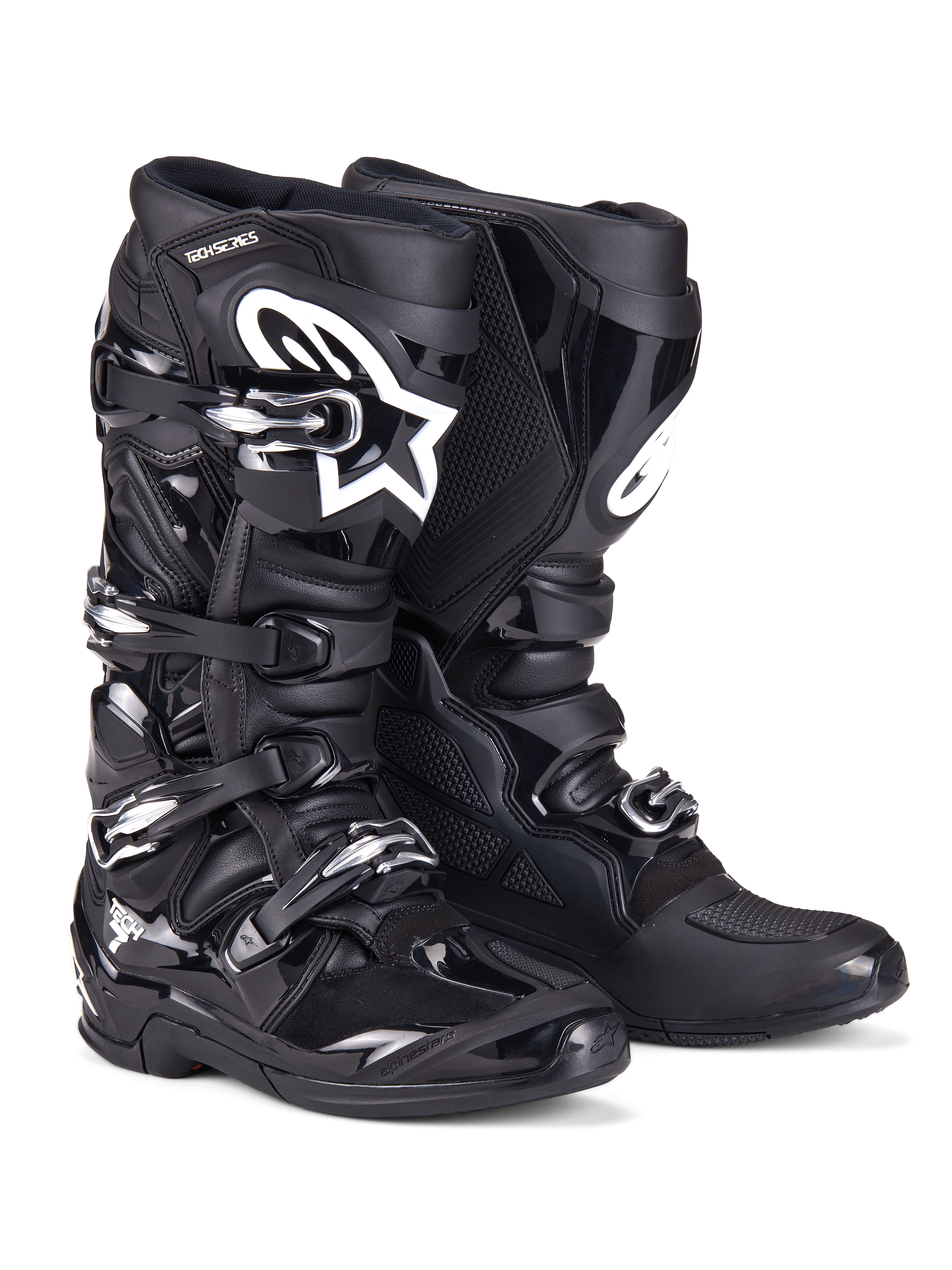 Alpinestars Tech 7-stövlar, motocross-stövlar, svarta med robust konstruktion, stängningssystem med fyra spännen, TPU-skyddspaneler och vit Alpinestars-logotyp på smalbenet, professionella offroad-skor för terrängkörning
