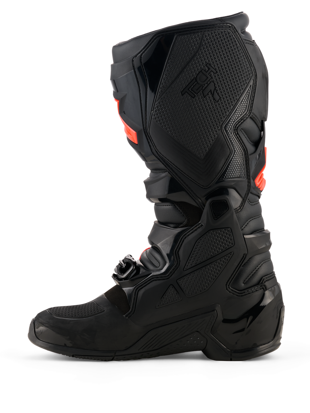 Alpinestars Tech 7-stövlar, motocross-stövlar, svarta med röda fluoriserande accenter, profilvy av insidan med TPU-skyddsskal, spännsystem och texturerade greppaneler för offroad-prestanda