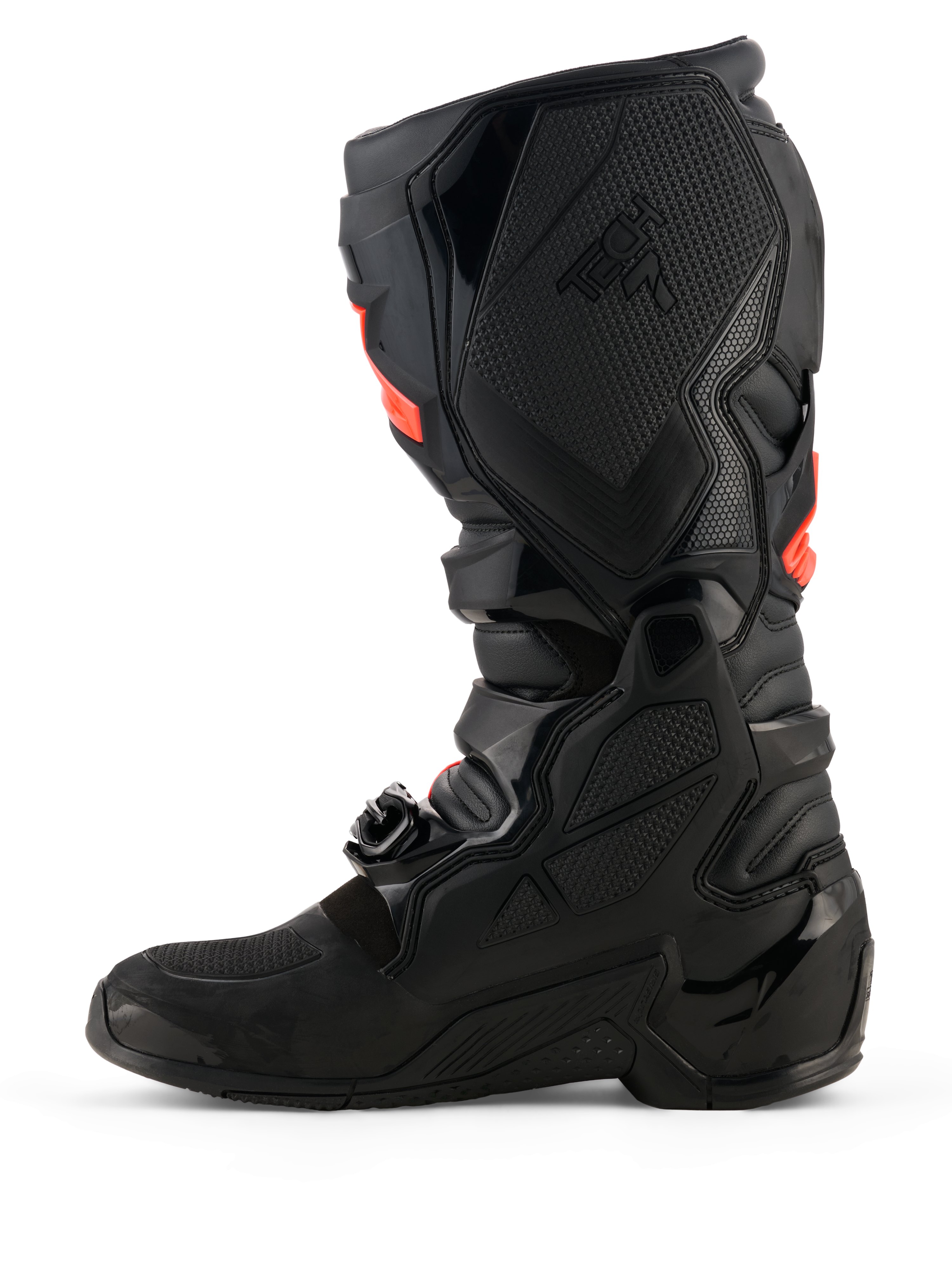 Alpinestars Tech 7-stövlar, motocross-stövlar, svarta med röda fluoriserande accenter, profilvy av insidan med TPU-skyddsskal, spännsystem och texturerade greppaneler för offroad-prestanda