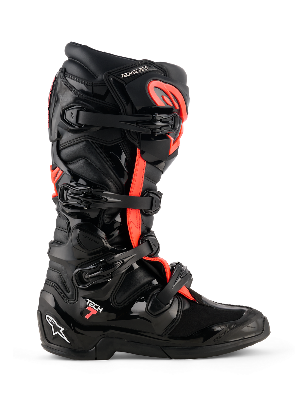Alpinestars Tech 7-stövlar, motocross-stövlar, svart och röd fluo, sidoprofil, stängningssystem med fyra spännen, TPU-skyddsskal med 'Tech 7'-märkning och vit Astars-logotyp på hälen, hållbara skor för terrängkörning