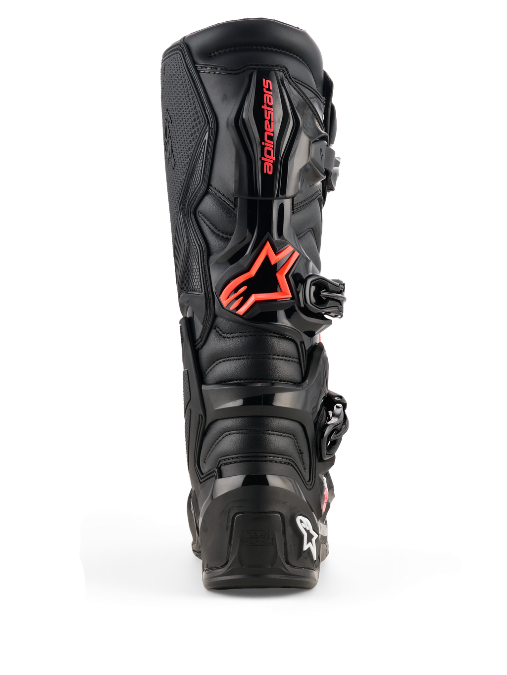 Alpinestars Tech 7-stövlar, motocross-stövlar, svart och röd fluo, vy bakifrån med skyddande TPU-plattor, röd Alpinestars-logotyp på vaden och hållbar konstruktion för offroad-prestanda