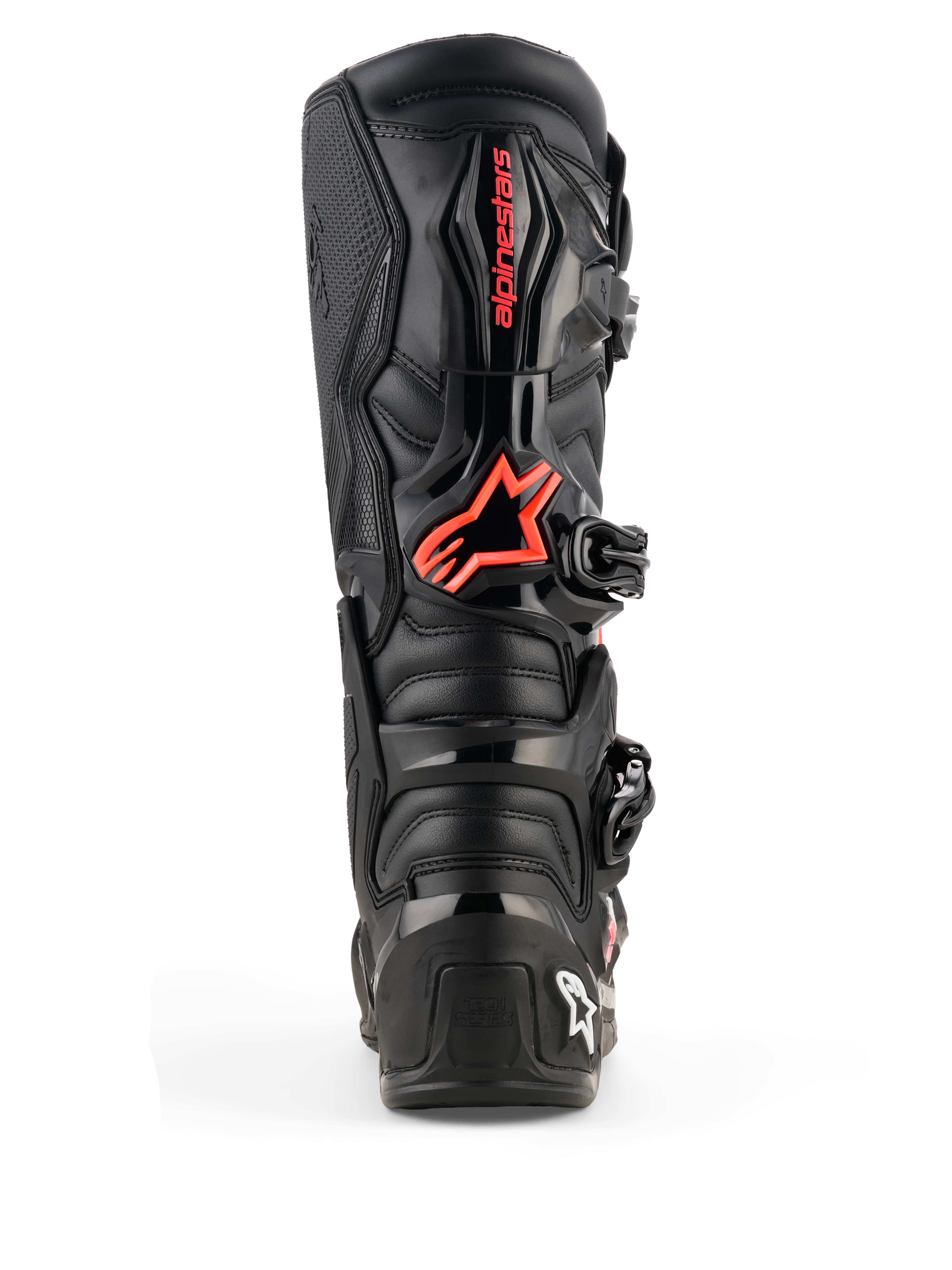 Alpinestars Tech 7-stövlar, motocross-stövlar, svart och röd fluo, vy bakifrån med skyddande TPU-plattor, röd Alpinestars-logotyp på vaden och hållbar konstruktion för offroad-prestanda