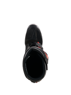 Alpinestars Tech 7-stövlar, motocross-stövlar, svart och fluorescerande röd, vy uppifrån som visar det inre fodret och stängningssystemet, hållbar TPU-konstruktion med livfulla röda accenter för offroad-prestanda