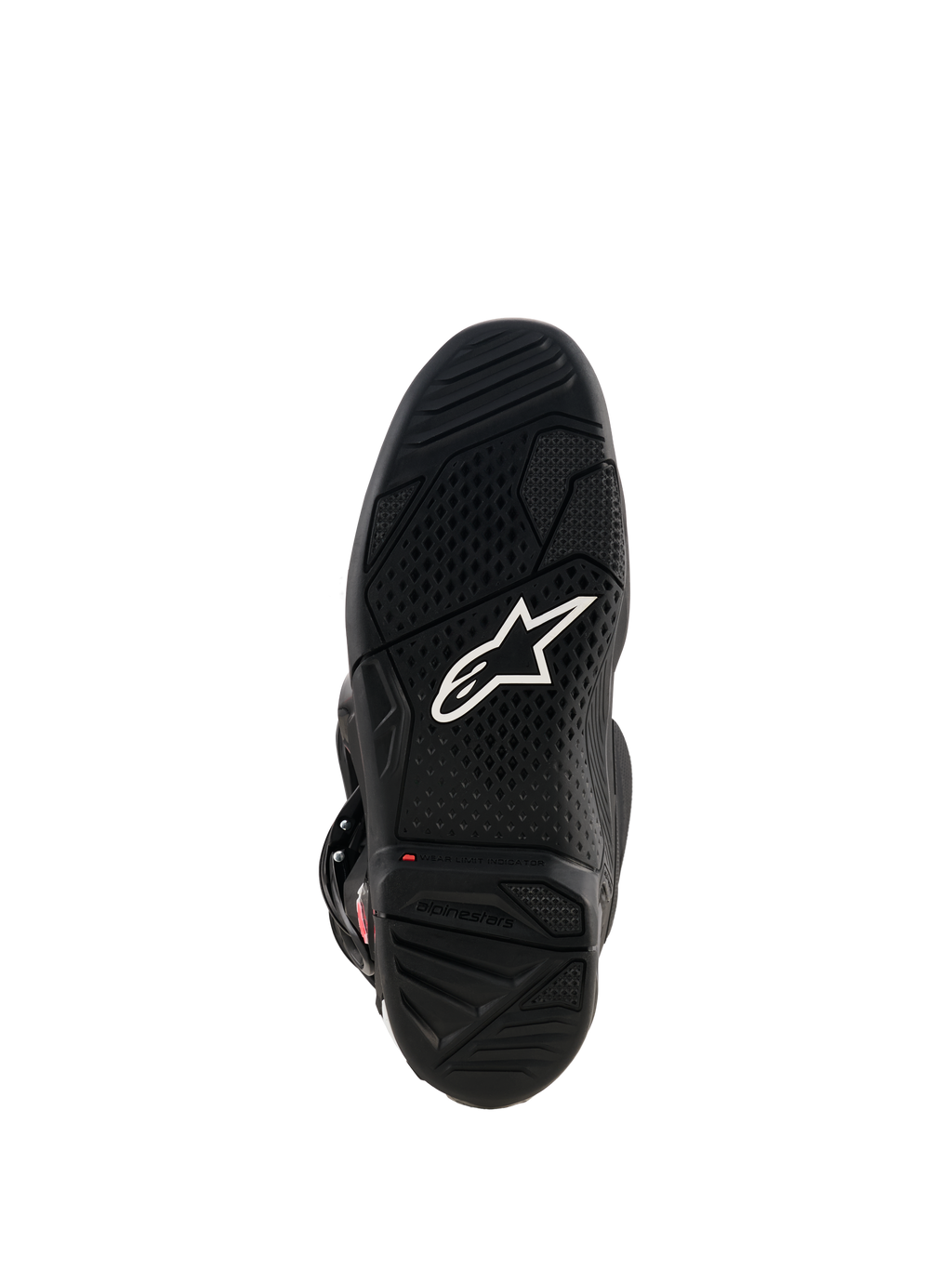Alpinestars Tech 7-stövlar, vy av svart gummisula med vit Astar-logotyp, mönstrat greppmönster och röd slitageindikator för motocrossprestanda.