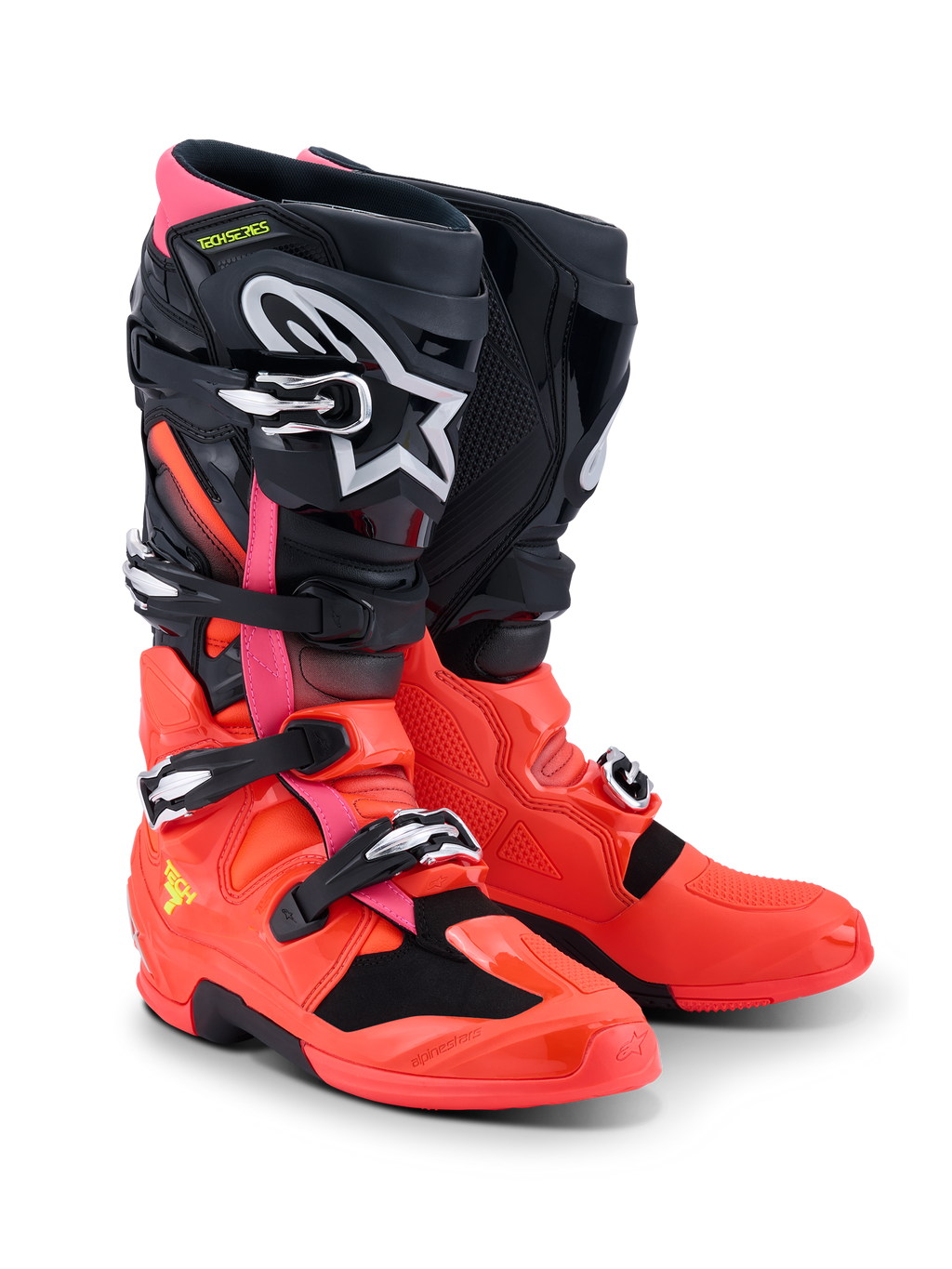 Alpinestars Tech 7-stövlar, motocrossstövlar, svarta, fluorescerande röda och fluorescerande rosa, med snabbspännen, dubbelpivotsystem och TPU-skyddsskal, hållbar prestandautrustning för terrängkörning