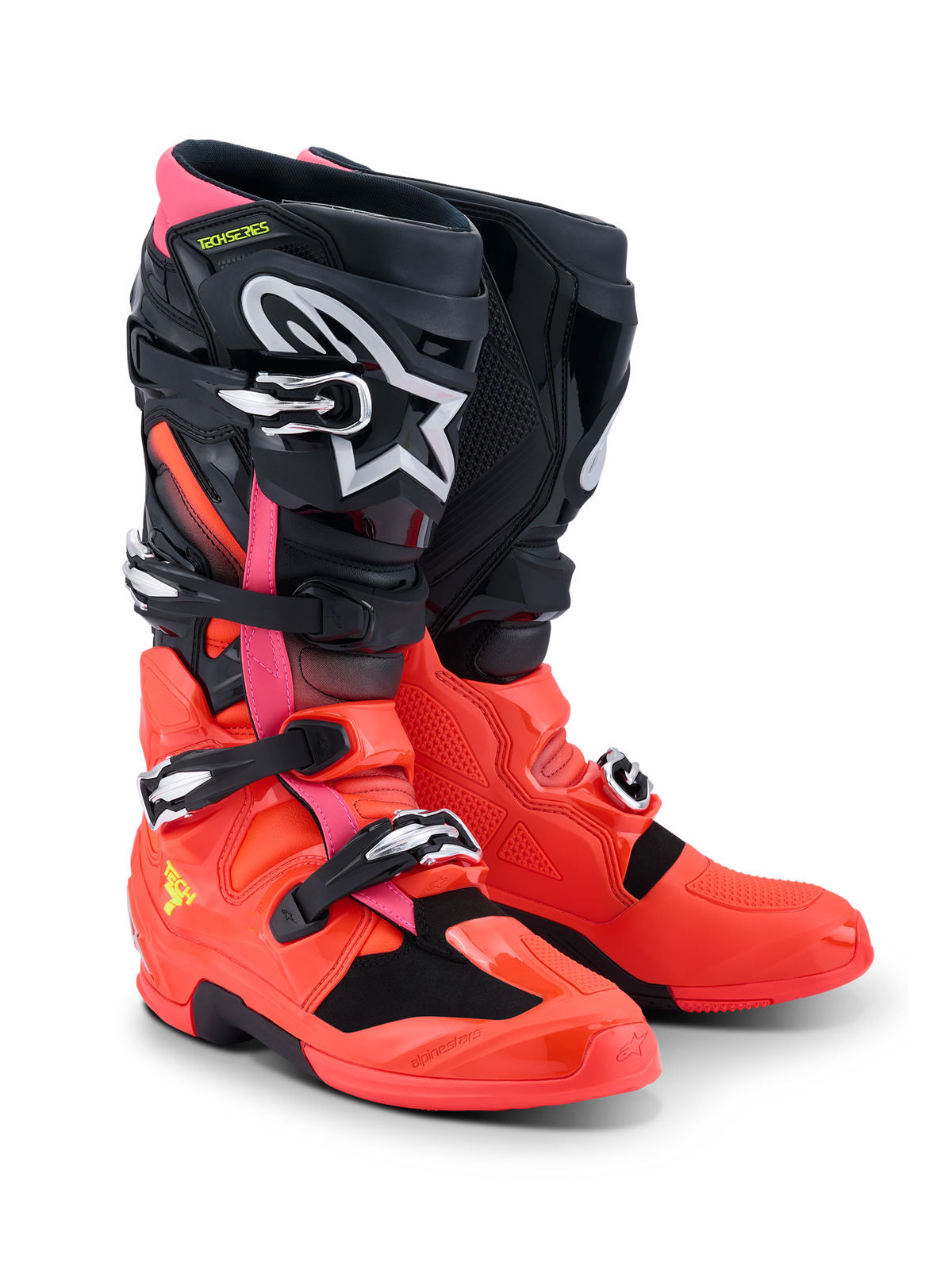 Alpinestars Tech 7-stövlar, motocrossstövlar, svarta, fluorescerande röda och fluorescerande rosa, med snabbspännen, dubbelpivotsystem och TPU-skyddsskal, hållbar prestandautrustning för terrängkörning