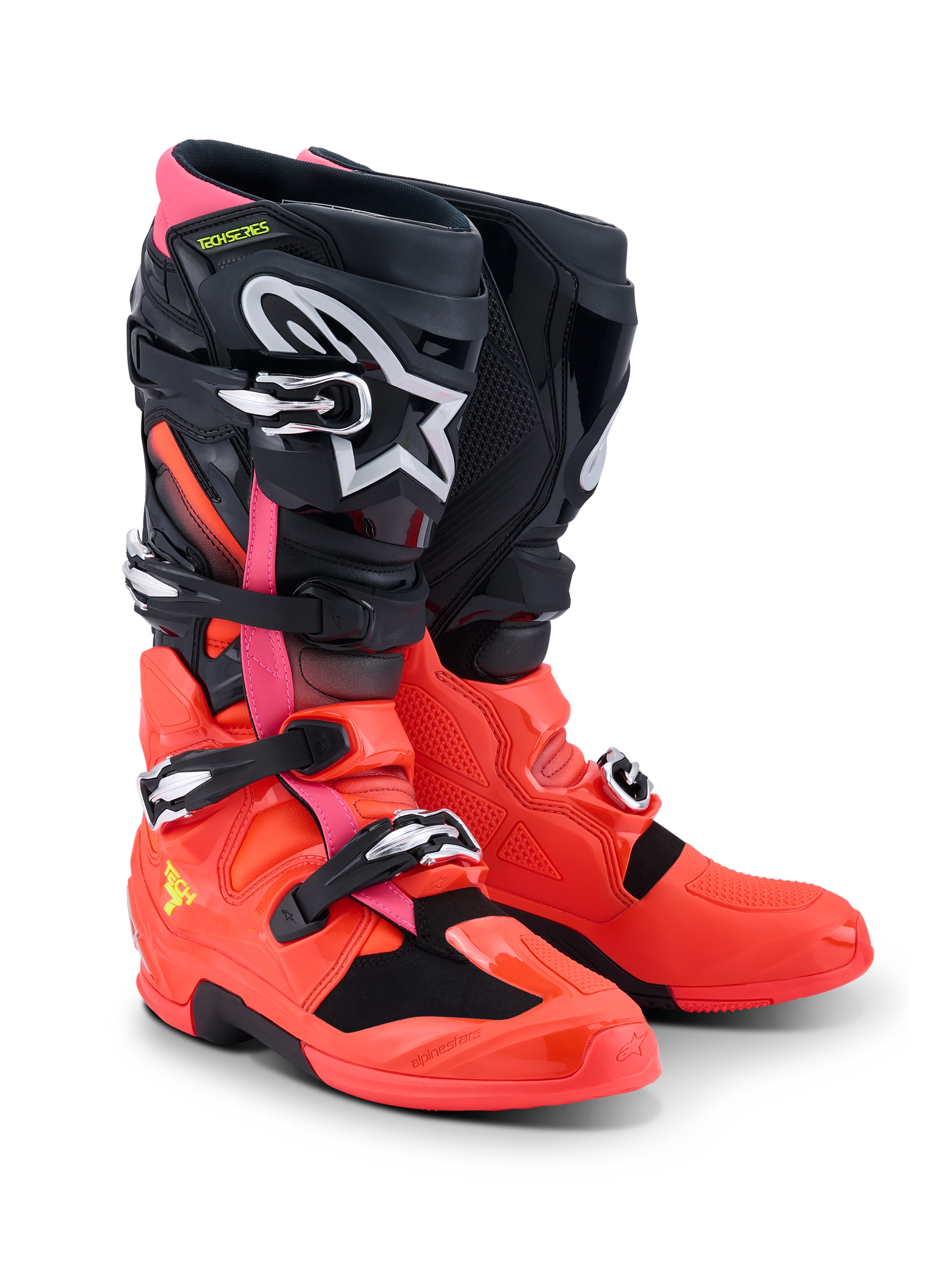 Alpinestars Tech 7-stövlar, motocrossstövlar, svarta, fluorescerande röda och fluorescerande rosa, med snabbspännen, dubbelpivotsystem och TPU-skyddsskal, hållbar prestandautrustning för terrängkörning