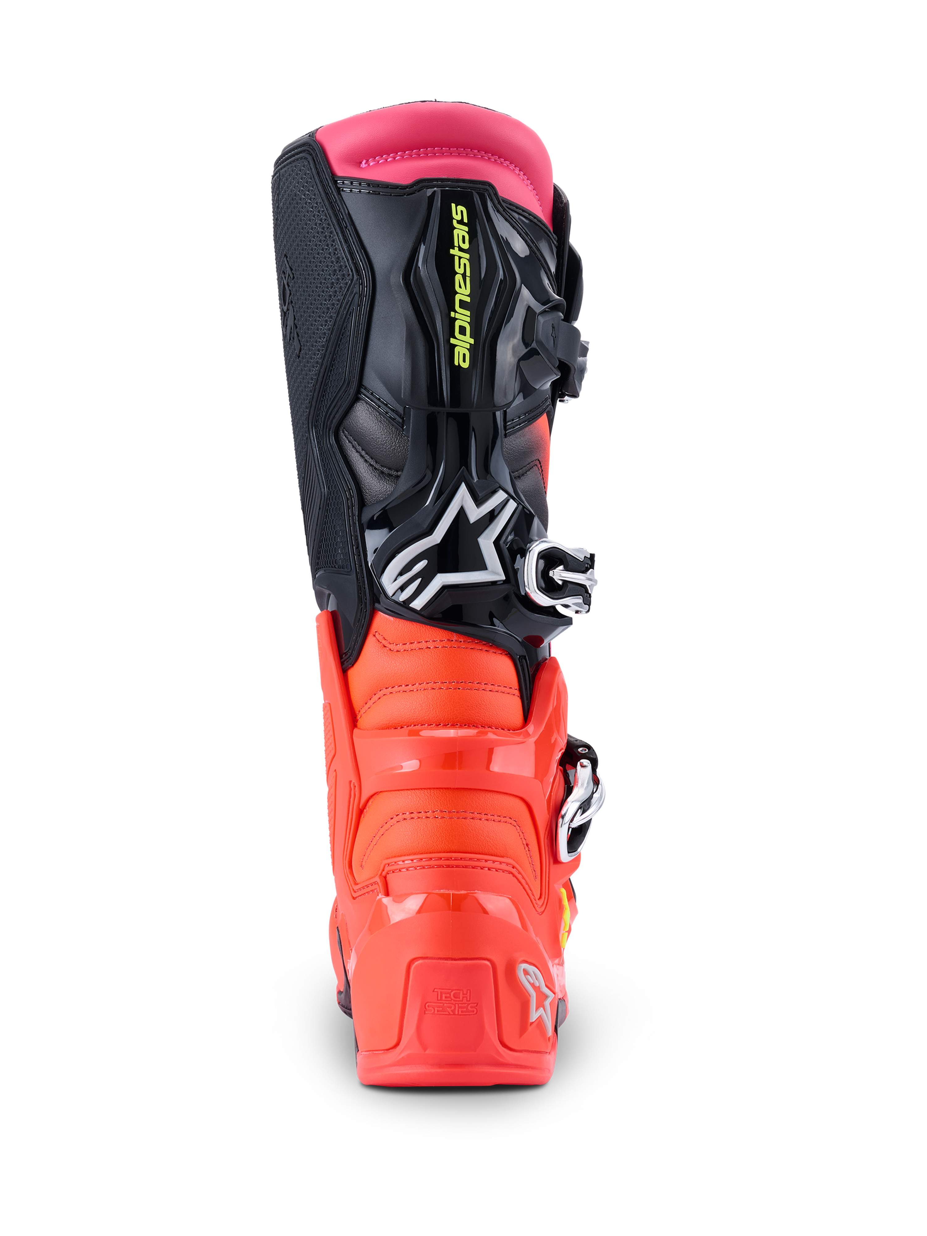 Alpinestars Tech 7-stövlar, motocross-stövlar, svart, röd fluo och rosa fluo, vy bakifrån som visar den förstärkta TPU-hälen, ovandel i flera material och rosa övre manschett.