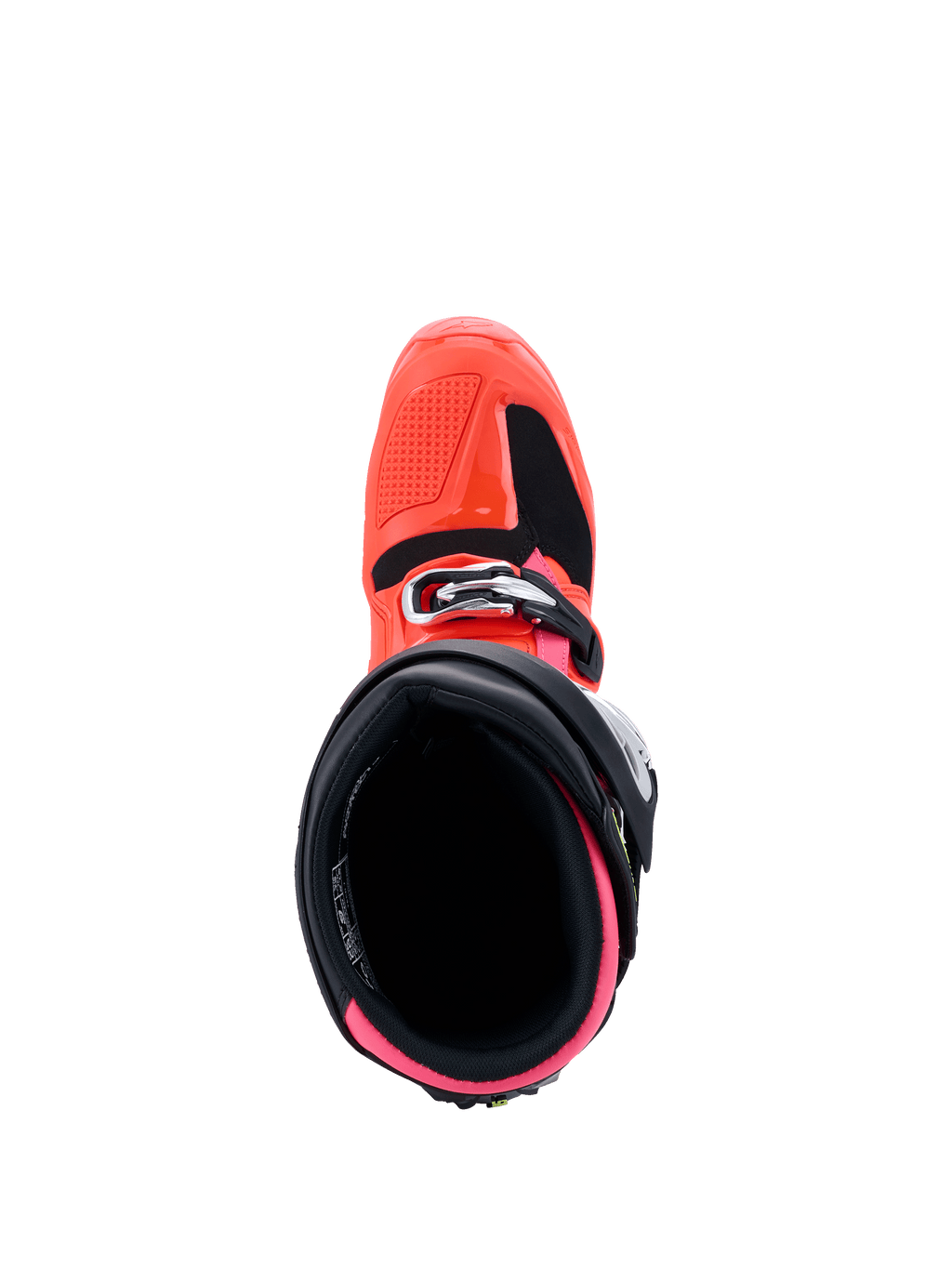 Alpinestars Tech 7-stövlar, MX26-kollektionen, motocross-stövlar, svart, röd fluo och rosa fluo, vy uppifrån in i den inre öppningen, med neonrosa foder och yttre skal i röd fluo med spännesstängning.