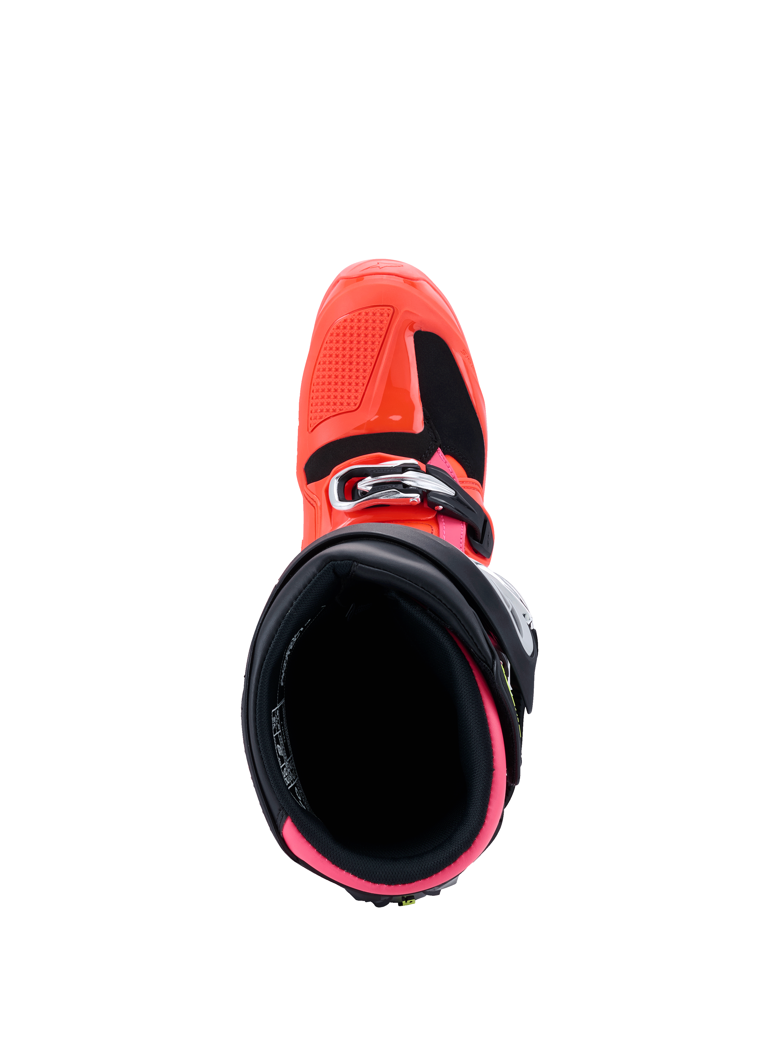 Alpinestars Tech 7-stövlar, MX26-kollektionen, motocross-stövlar, svart, röd fluo och rosa fluo, vy uppifrån in i den inre öppningen, med neonrosa foder och yttre skal i röd fluo med spännesstängning.