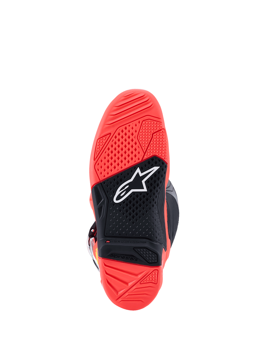 Alpinestars Tech 7-stövlar, vy av yttersulan, lysande fluorescerande röd och svart, med en texturerad gummisula i dubbel gummiblandning, vit Alpinestars-stjärnlogotyp och en slitageindikator