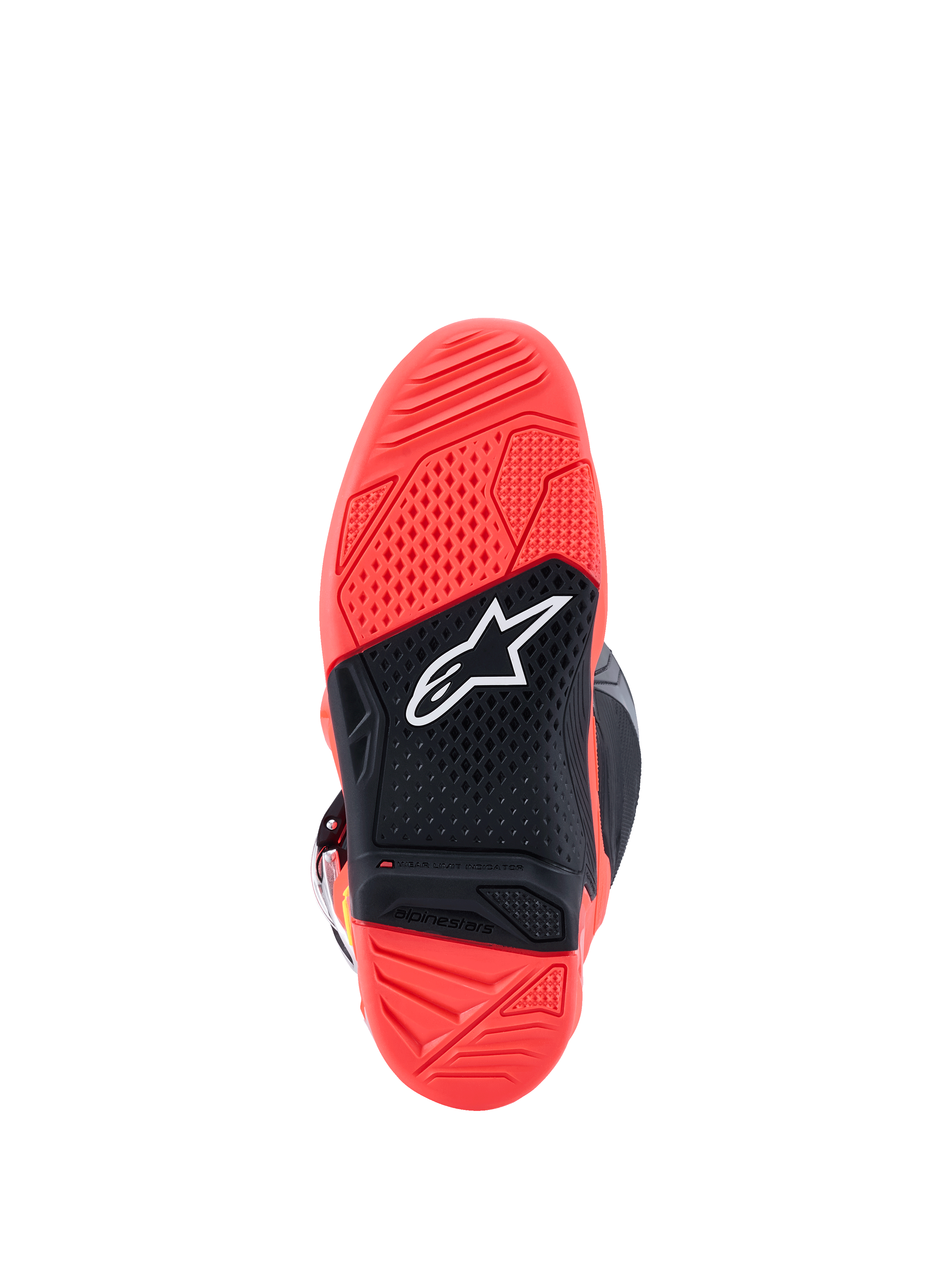 Alpinestars Tech 7-stövlar, vy av yttersulan, lysande fluorescerande röd och svart, med en texturerad gummisula i dubbel gummiblandning, vit Alpinestars-stjärnlogotyp och en slitageindikator