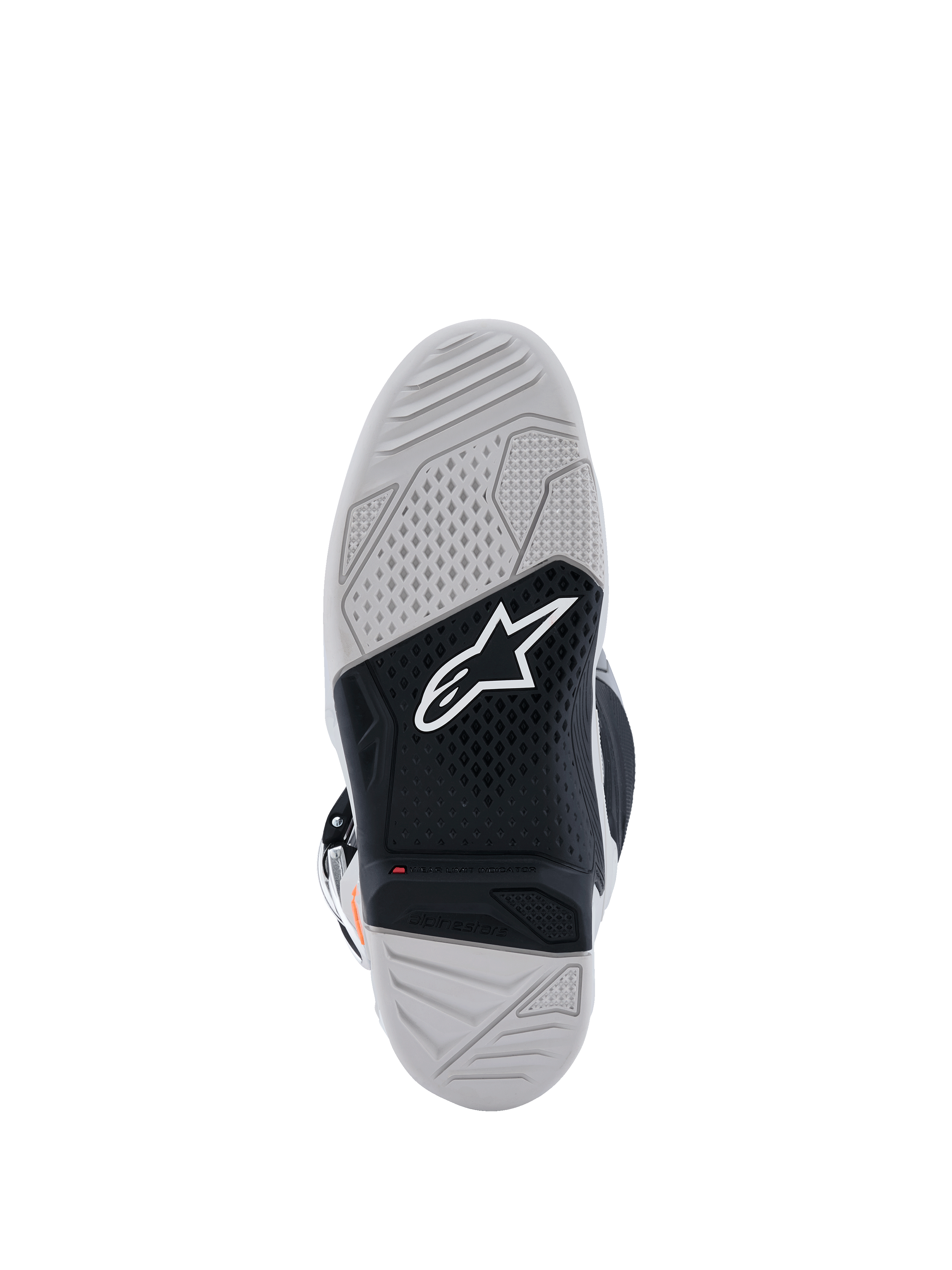 Alpinestars Tech 7 Boots sole view, Motocross Boots, Light Gray and Black, featuring a dual-compound vulcanized rubber sole with a white Alpinestars logo, red wear limit indicator, and high-traction textured grip pattern.