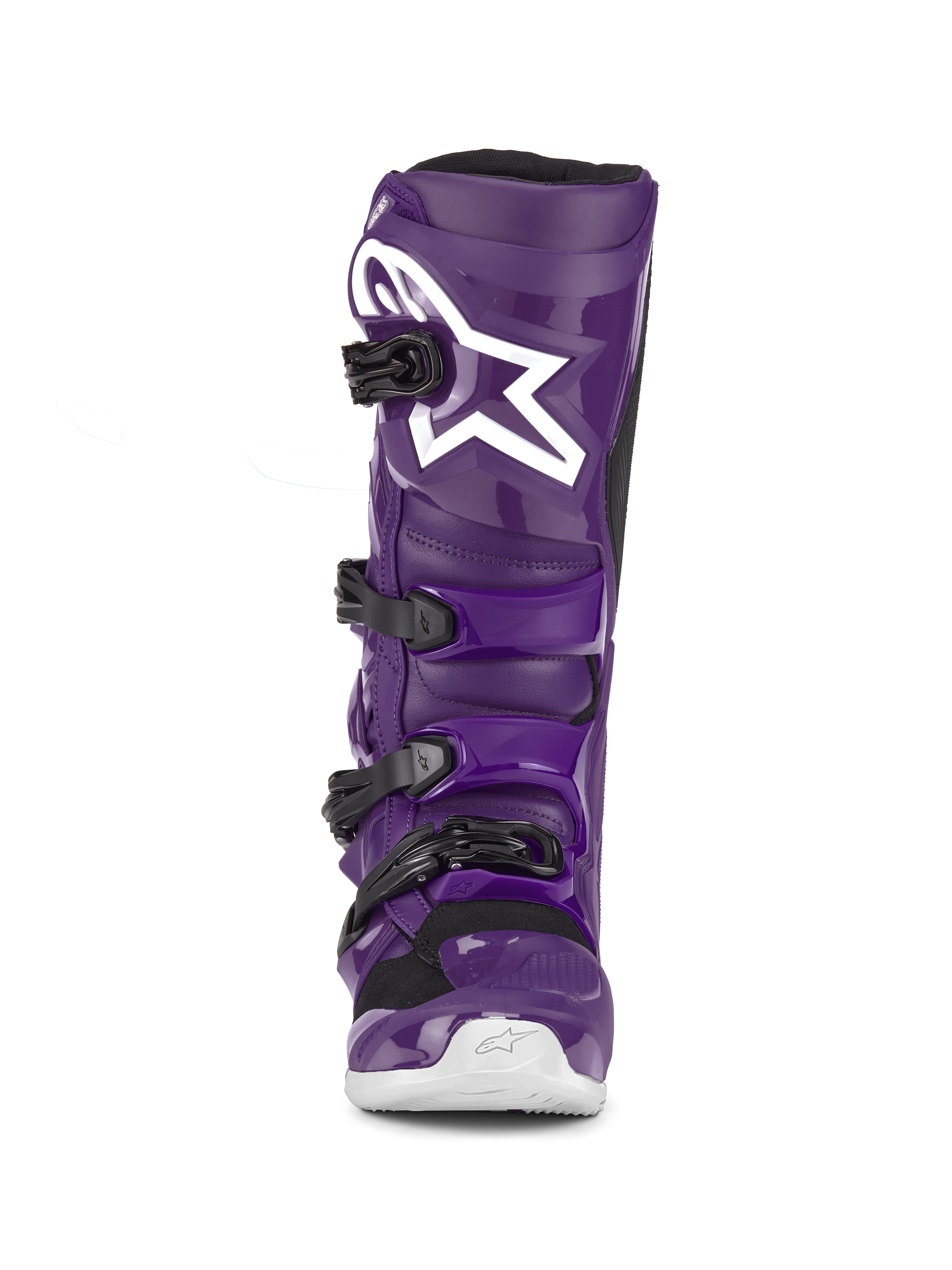Alpinestars Tech 7-stövlar, lila motocross-stövlar, vy framifrån, med fyra svarta spännen, vit Alpinestars-logotyp på skenbensplattan, hållbart TPU-skal och syntetisk konstruktion för terrängskydd