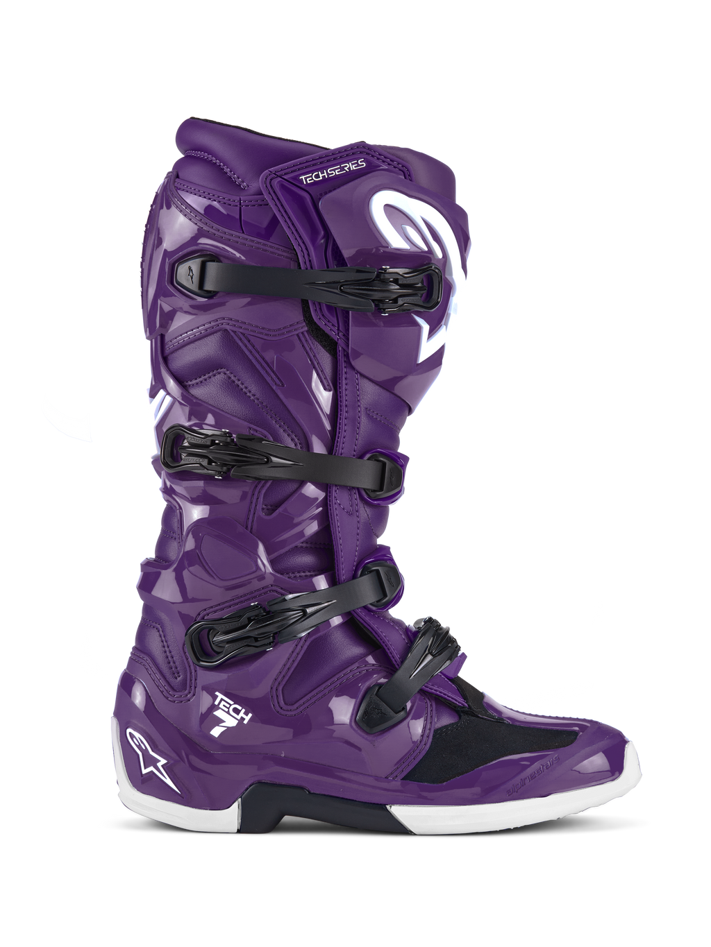 Alpinestars Tech 7 stövlar, motocross- och offroadstövlar, glansig lila med svarta spännen och vita detaljer, sidovy, stängningssystem med fyra remmar, vit stjärnlogotyp på häl och skenben, hållbar TPU-konstruktion för offroad-prestanda