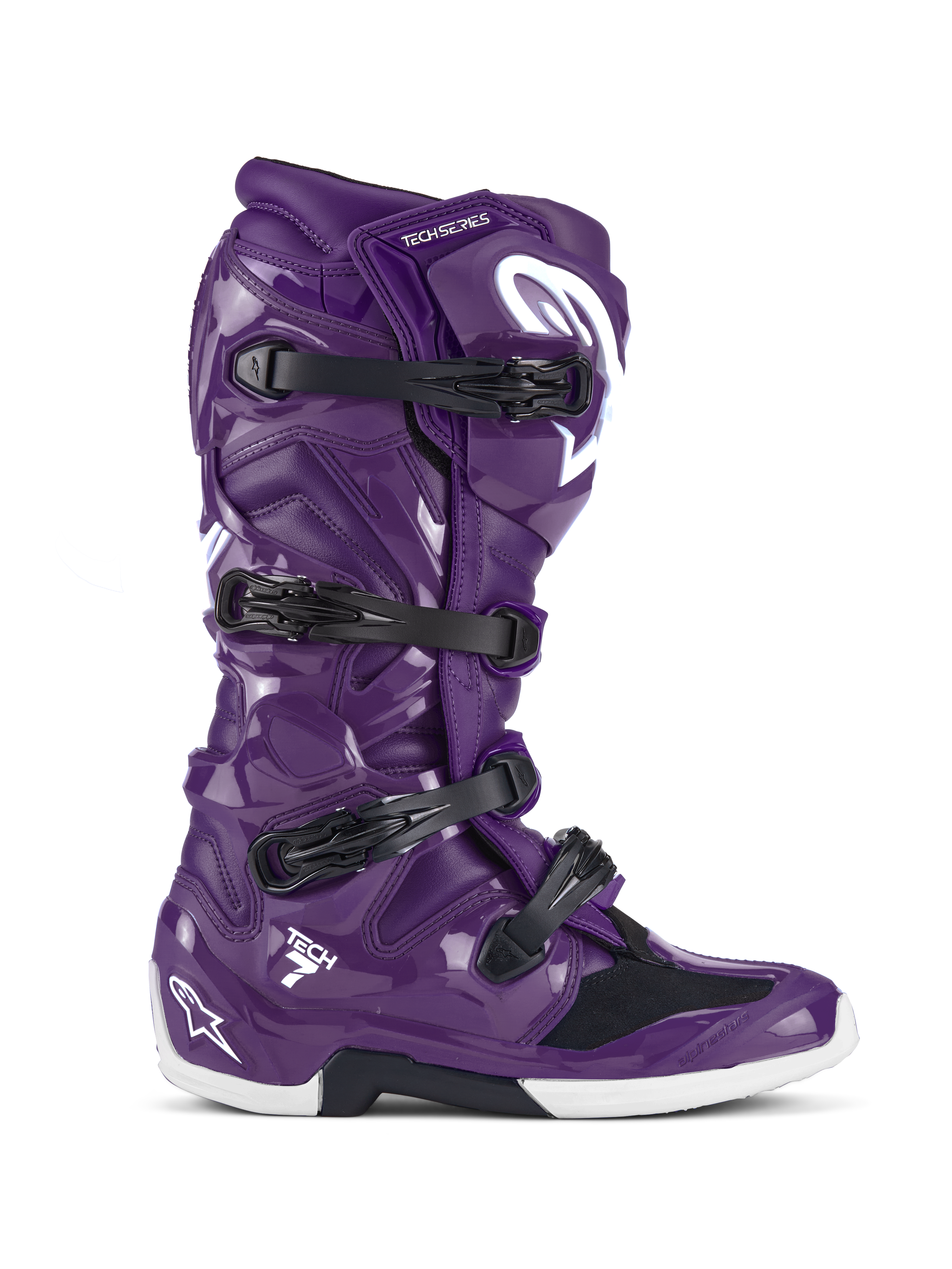 Alpinestars Tech 7 Boots, Motocross Off-Road Boots, Glossy Purple with Black buckles and White accents, lateral view, four-strap closure system, white Star logo on the heel and shin, durable TPU construction for off-road performance