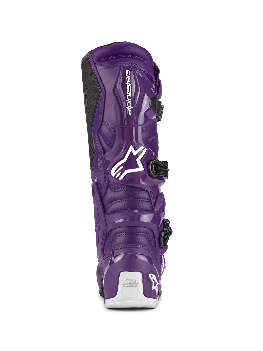 Alpinestars Tech 7-stövlar, motocross-stövlar, lila, vy bakifrån som visar vit Alpinestars-logotyp och Tech Series-märkning på hälen, svarta spännen, hållbar TPU- och syntetisk konstruktion för terrängkörning